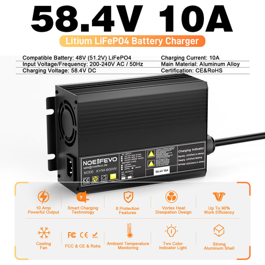 NOEIFEVO 58.4V 10A LiFePO4 batteriladdare för 51.2V(48V) 16S litiumbatteri för golfbilar, husbilar och elektriska fiskemotorer