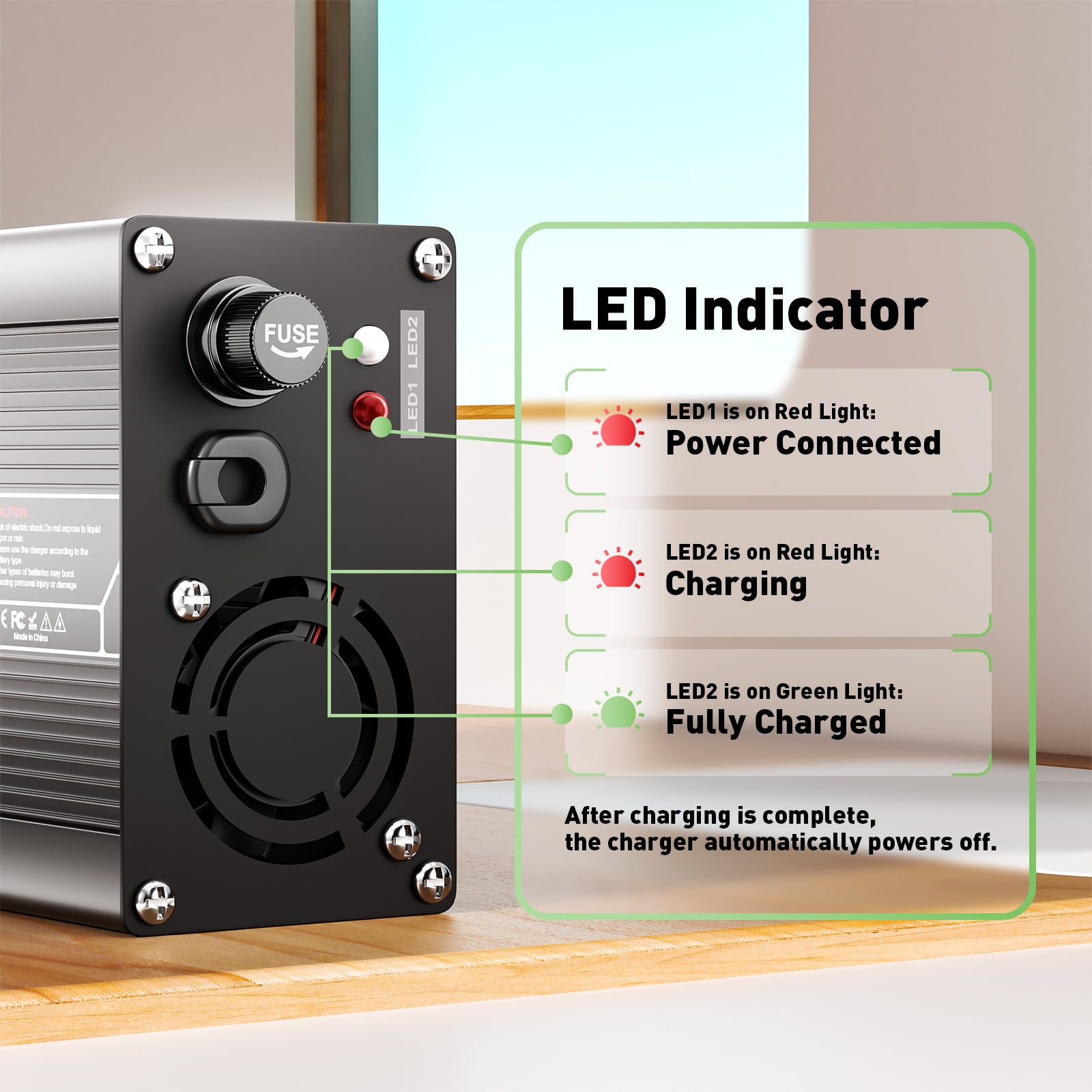 NOEIFEVO 54.6V 5A lithiumlader voor 13S 48V Ebike-scooteraccu, aluminium behuizing, ventilator