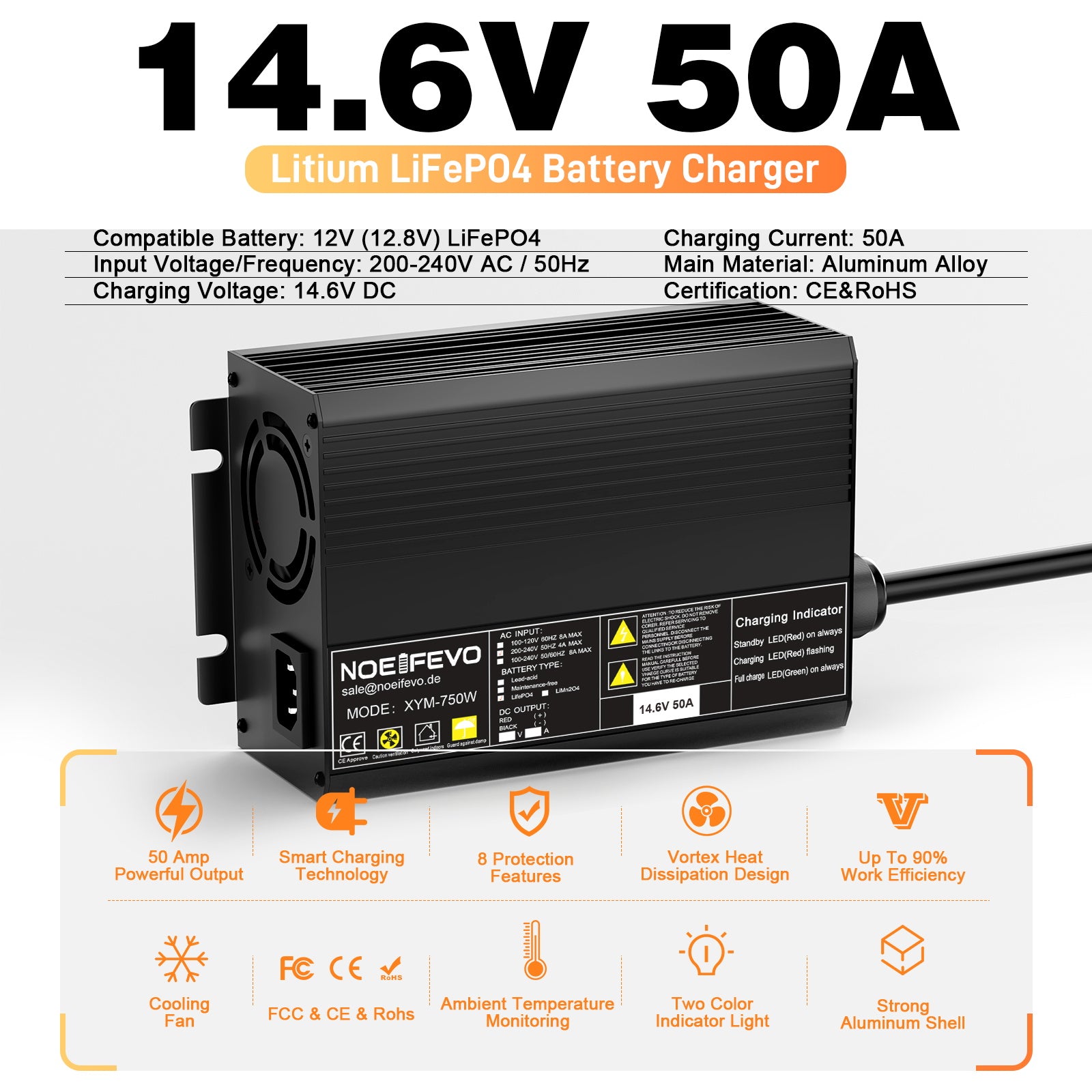 Noeifevo 14,6V 50A Snabb Lithium LiFePO4 batteriladdare för 12V(12,8V) LiFePO4 batteri, 0V BMS aktivera, automatisk avstängning med fullt skydd