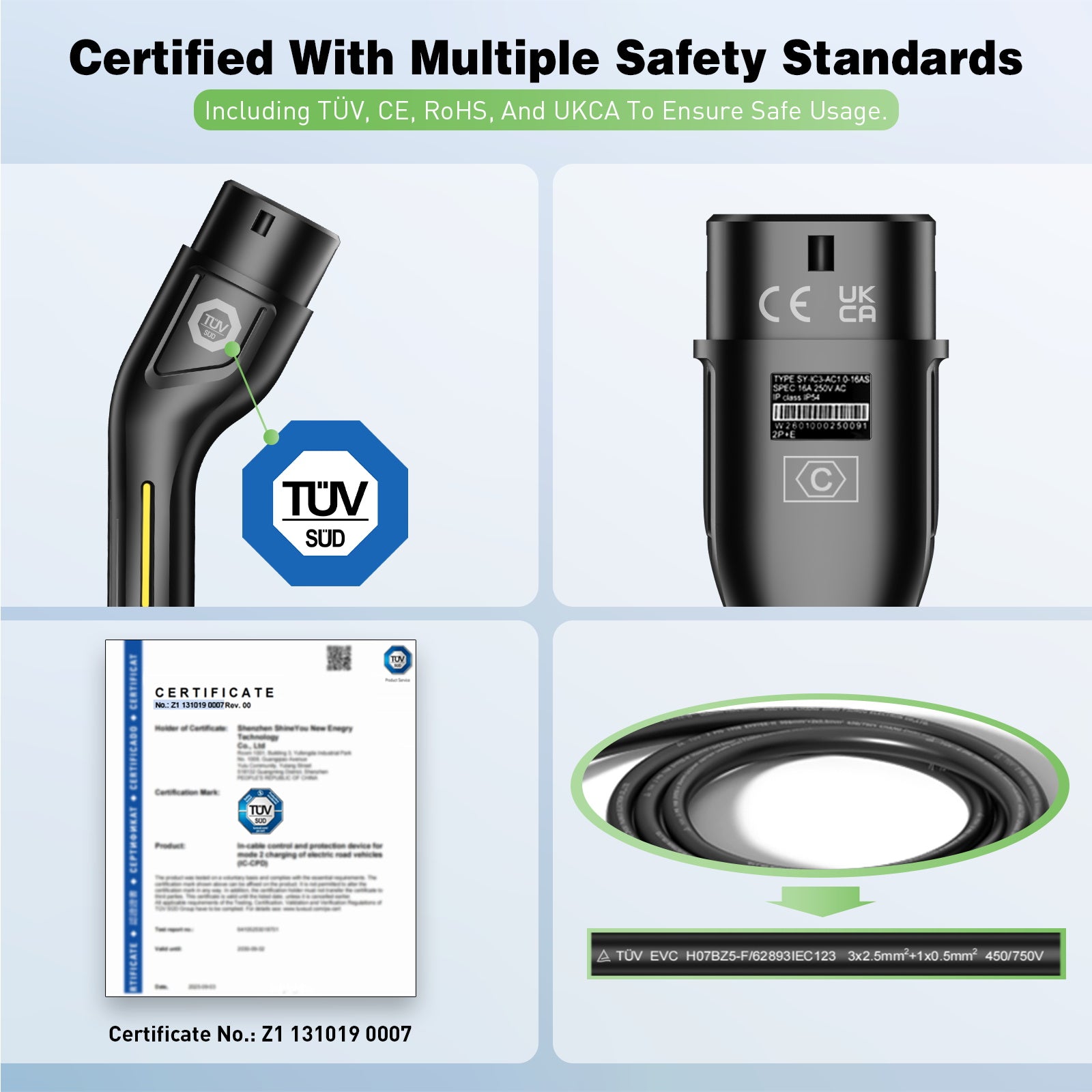 NOEIFEVO CY01 Typ 2 Laddkabel Schuko 220V, 3,7kW Mobil väggbox med APP, 6-16A 1-fas Laddkabel för Alla EVs (IEC 62196-2) & PHEVs