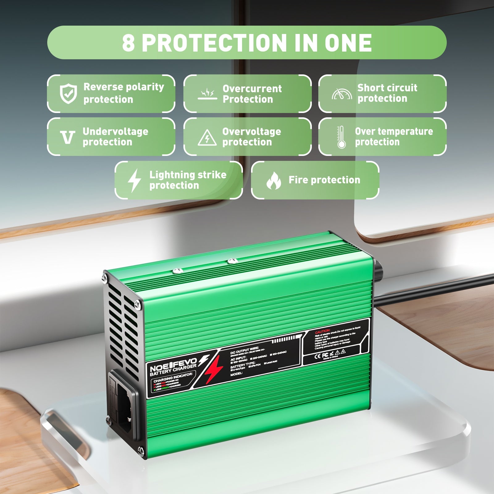 NOEIFEVO 12,6V  5A 6A 7A 8A 10A Caricabatterie al Litio per batterie Li-Ion Lipo 3S 11,1V, ventilatore di raffreddamento, spegnimento automatico (VERDE)
