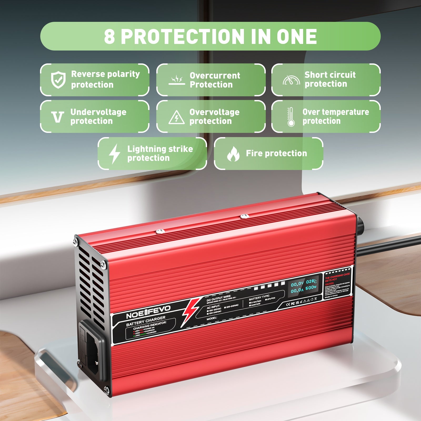 NOEIFEVO 29,2V 15A LiFePO4-batterilader til 25,6V 8S LiFePO4-batterier, automatisk slukning, OLED-display, aluminiumsgehus, med ventilator