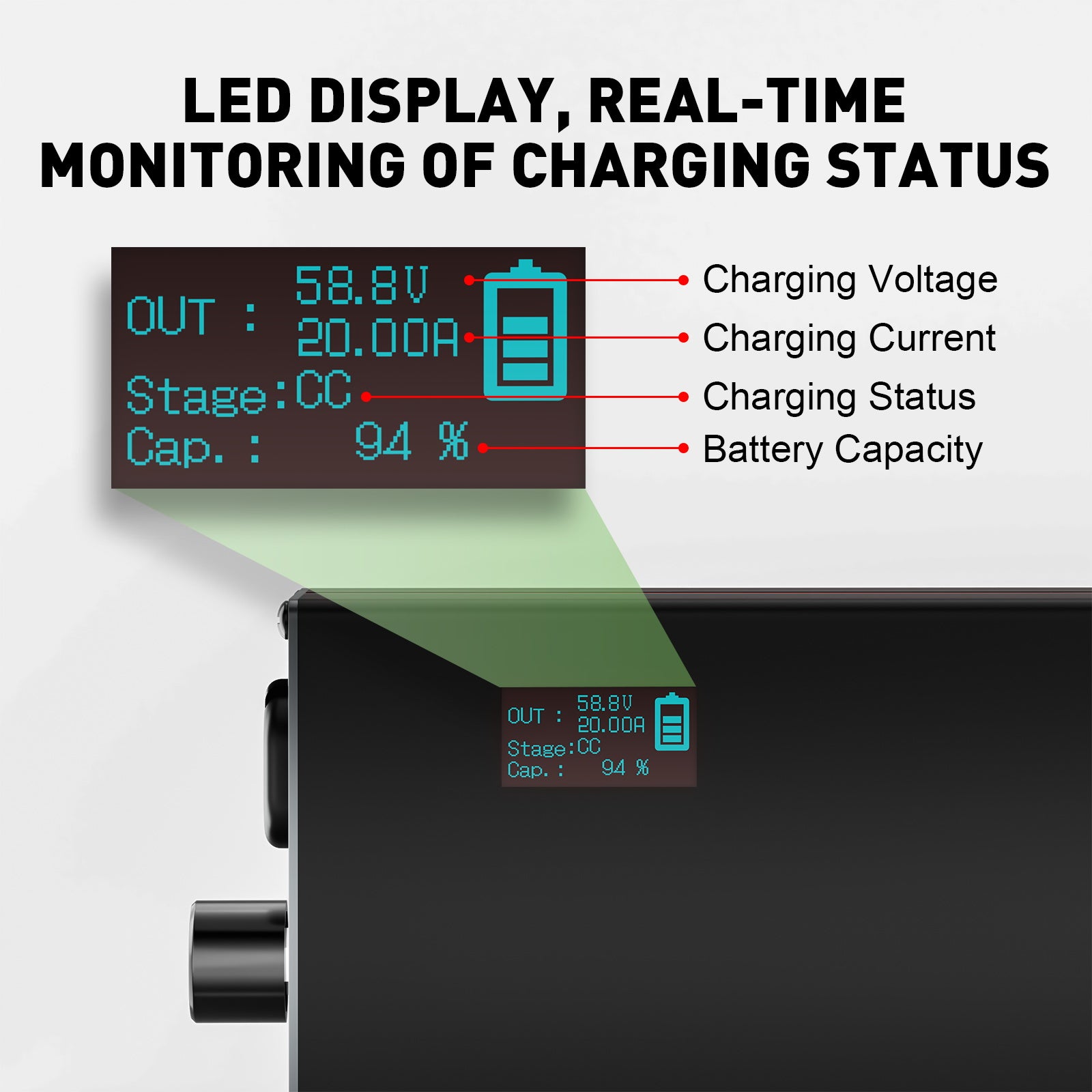 NOEIFEVO 58,8V 2-20A Caricabatterie per batterie al litio 51,8V 52V 14S Li-Ion Li-Po, con display LCD, corrente regolabile, caricabatterie per e-bike, scooter, moto elettrica