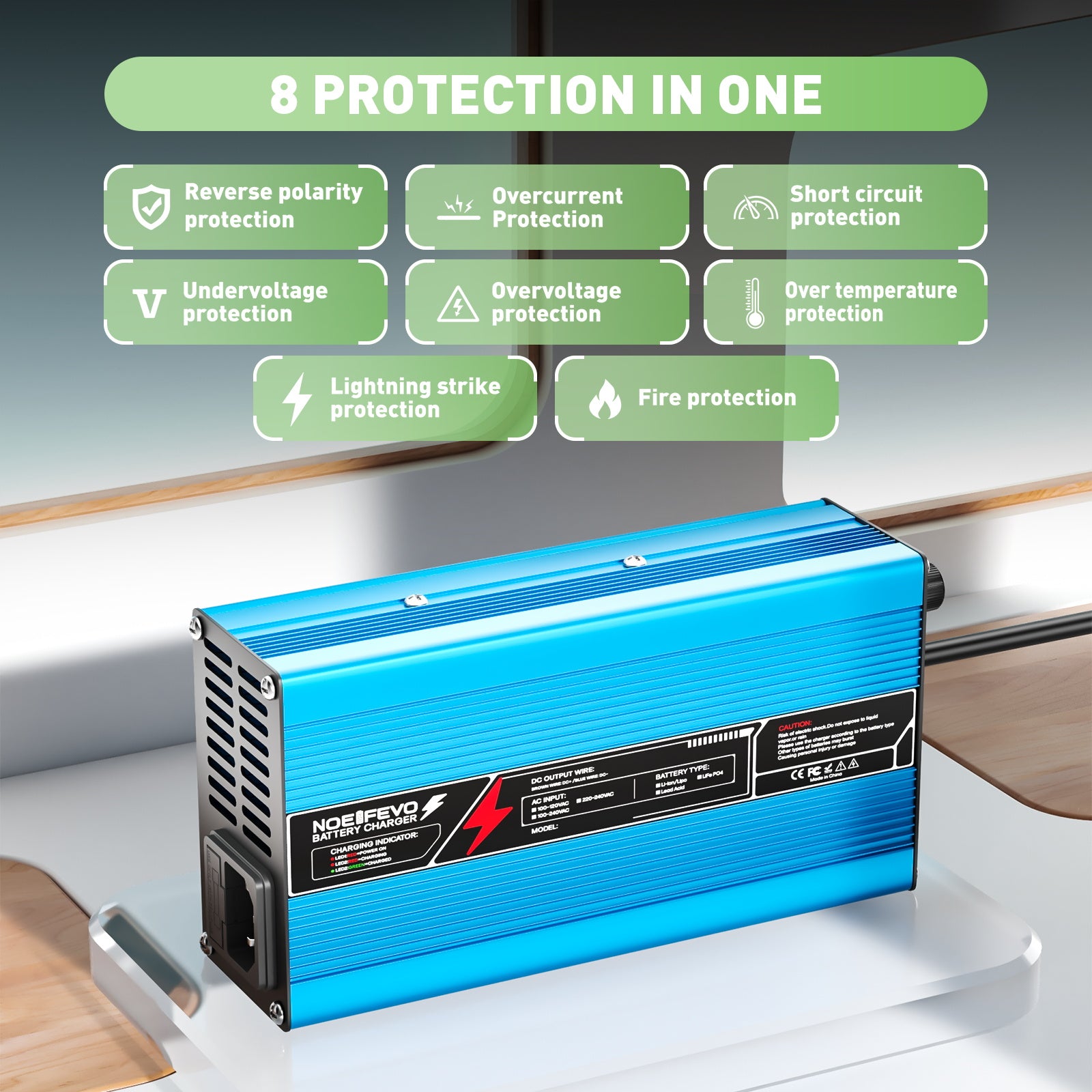 NOEIFEVO 12V 20A BLYSYREBATTERILADER, LADESKELDING 13,8V-14,7V, AUTOMATISK AFSKÆRING, ALUMINIUMSÆTNING, MED VENTILATOR (BLÅ)