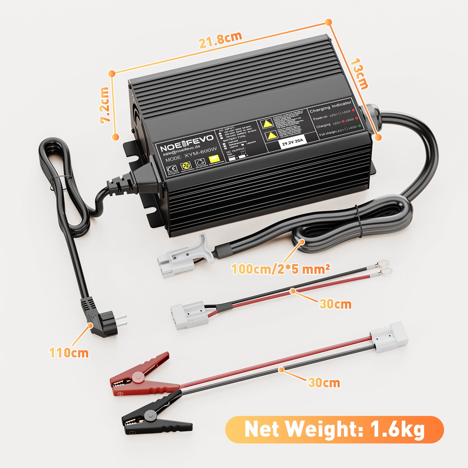 Noeifevo 29,2 V 20 A LiFePO4 Caricabatterie per batteria al litio 24 V 25,6 V, attivazione BMS 0 V, spegnimento automatico con protezione completa