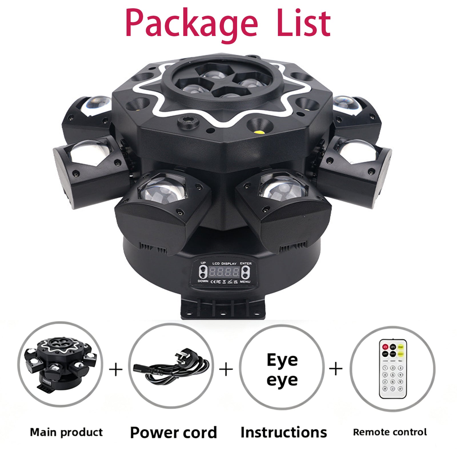 200W Bijenoog 8-armige moving head-lamp, DJ-podiumverlichting met DMX512-ondersteuning, RGBW 4-in-1 LED-partylamp met afstandsbediening voor bruiloften, bars, clubs en disco's