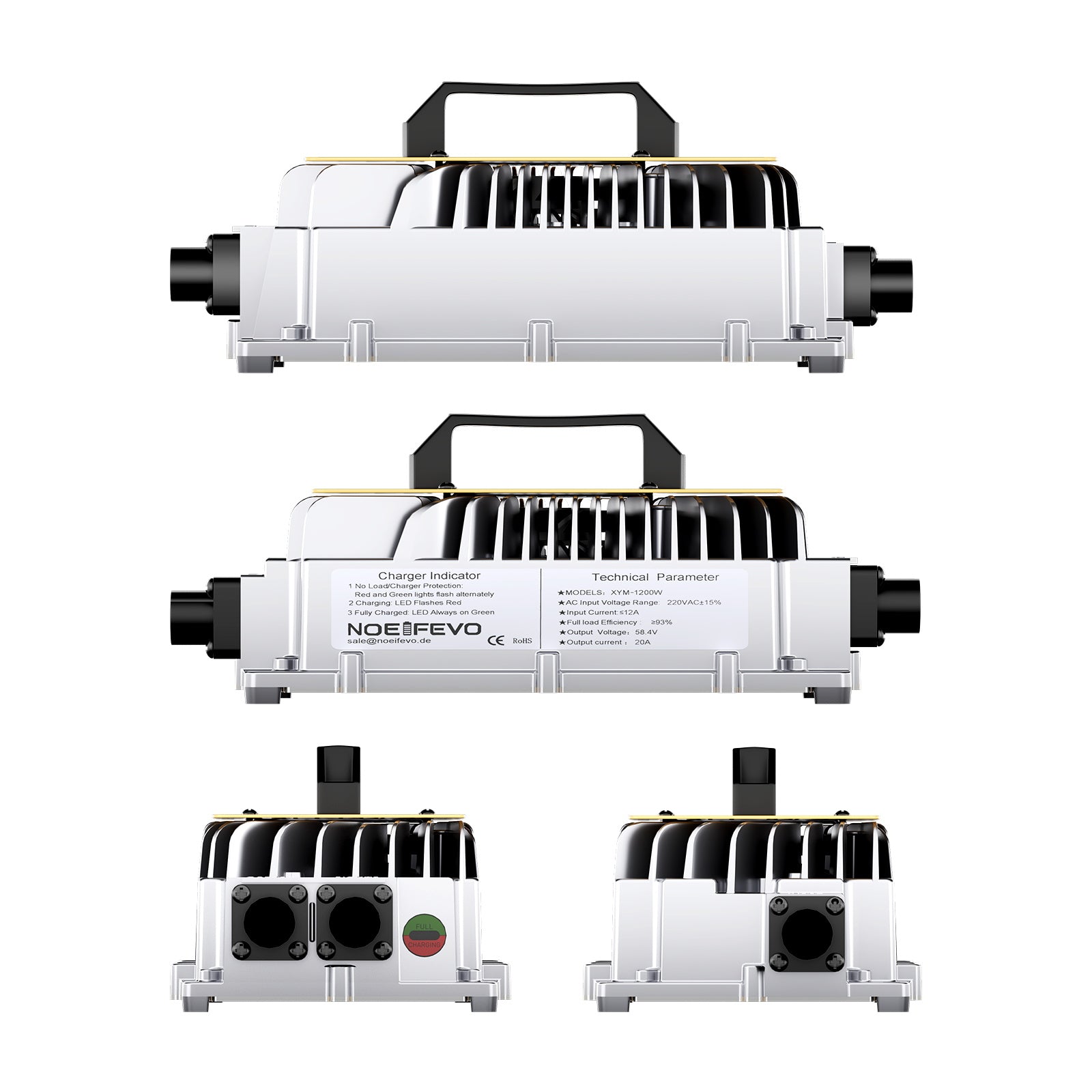 NOEIFEVO 58,4 V 20A Carregador de bateria de lítio Lifepo4 para bateria 48 V (51,2 V) 16S, à prova de água, ativação BMS de 0 V, desligamento automático com proteção total