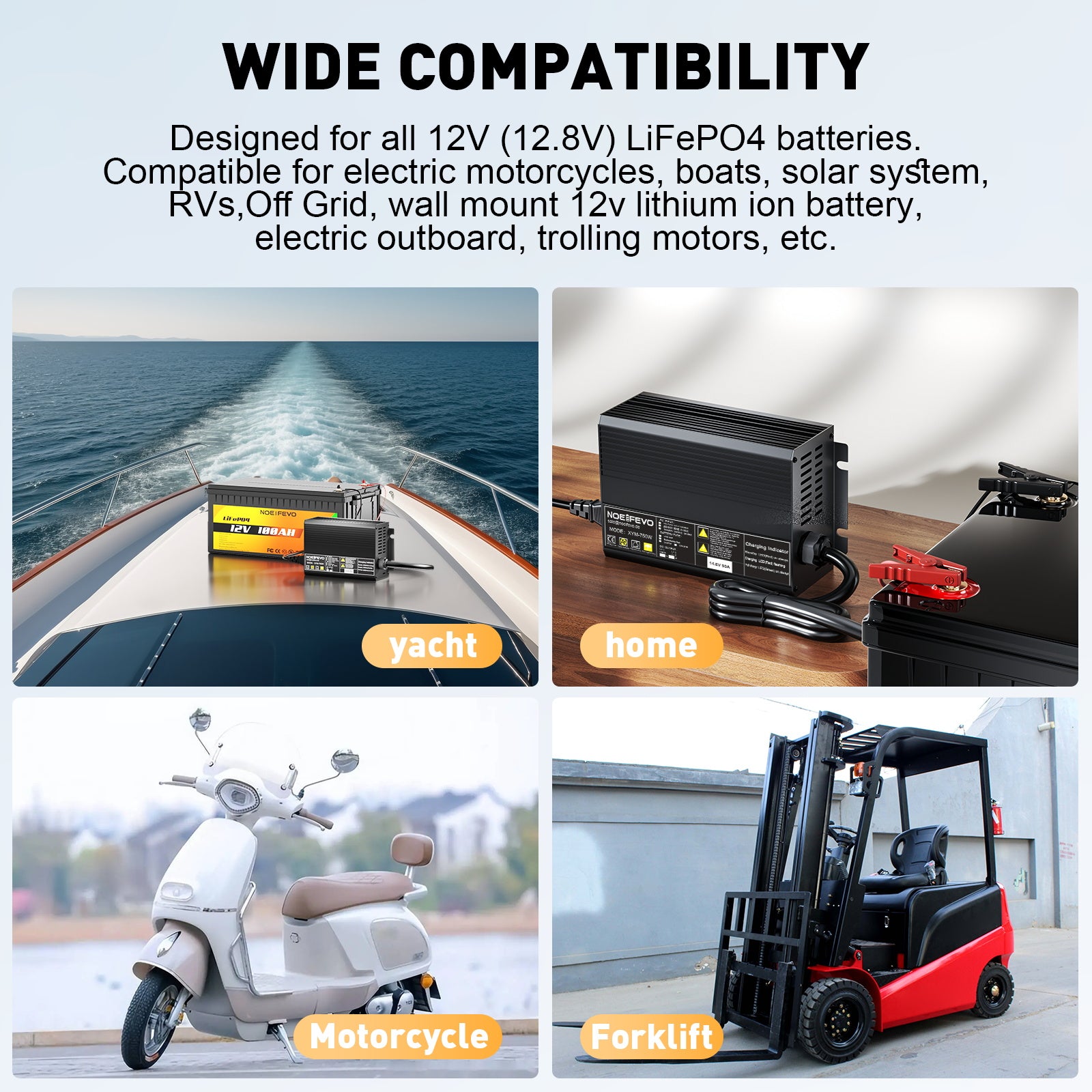 Noeifevo 14,6V 50A Snabb Lithium LiFePO4 batteriladdare för 12V(12,8V) LiFePO4 batteri, 0V BMS aktivera, automatisk avstängning med fullt skydd