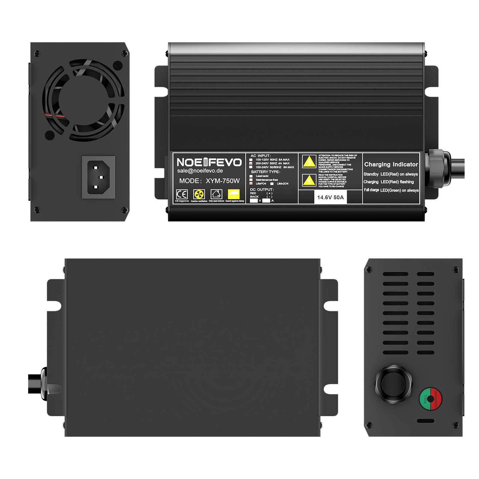 Noeifevo 14,6V 50A Snabb Lithium LiFePO4 batteriladdare för 12V(12,8V) LiFePO4 batteri, 0V BMS aktivera, automatisk avstängning med fullt skydd