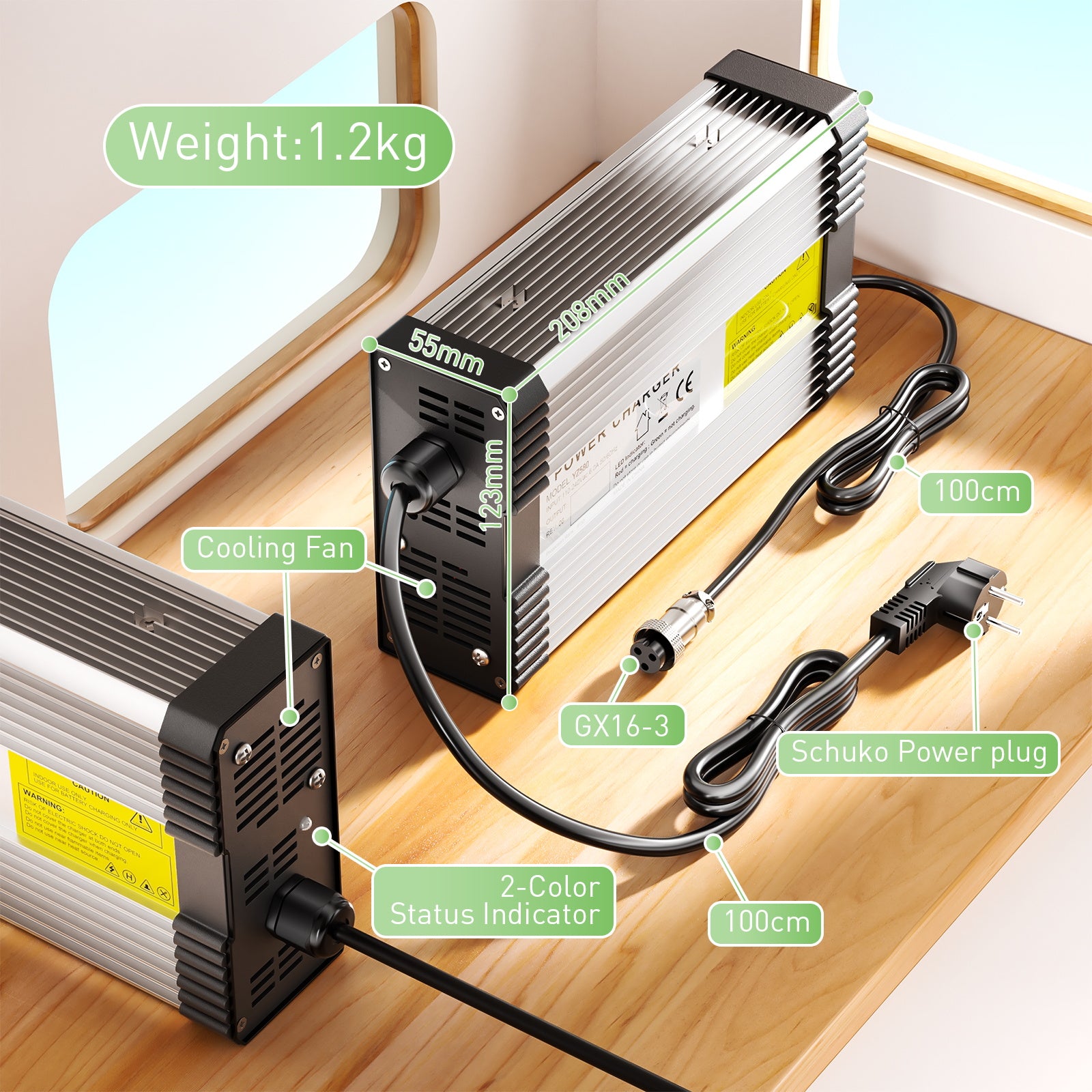 NOEIFEVO 14.6V 20A LiFePO4-batterilader til 12V 12.8V 4S LiFePO4-batteri, med kølevifte, automatisk slukning.