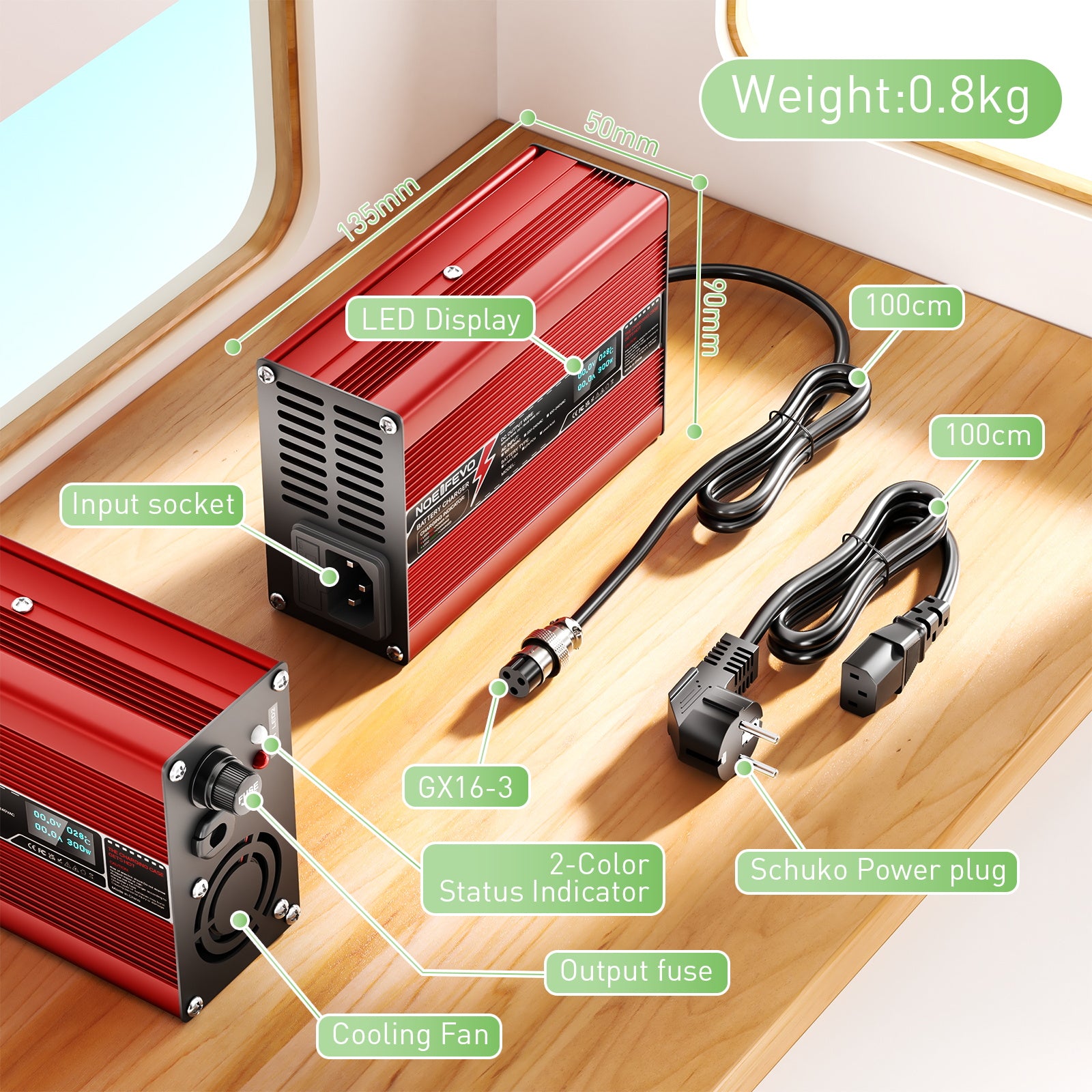 NOEIFEVO 48V 5A Cargador de batería de Litio LiFePO4, Voltaje de carga 54,75 V, con ventilador, carcasa de aluminio, pantalla LCD