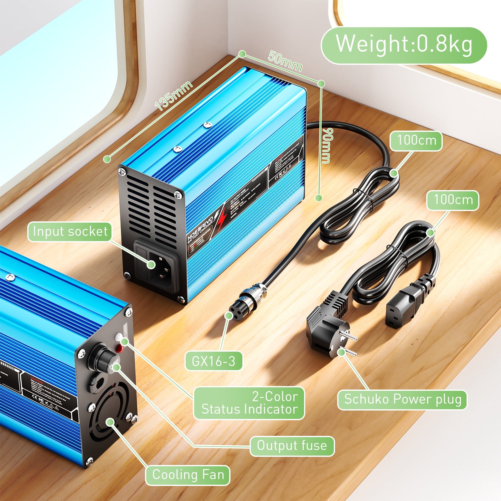 NOEIFEVO 46,2V 4A Lithium nabíjačka pre 11S 40,7V Li-Ion Lipo batérie, chladiaci ventilátor, automatické vypnutie (MODRÁ)