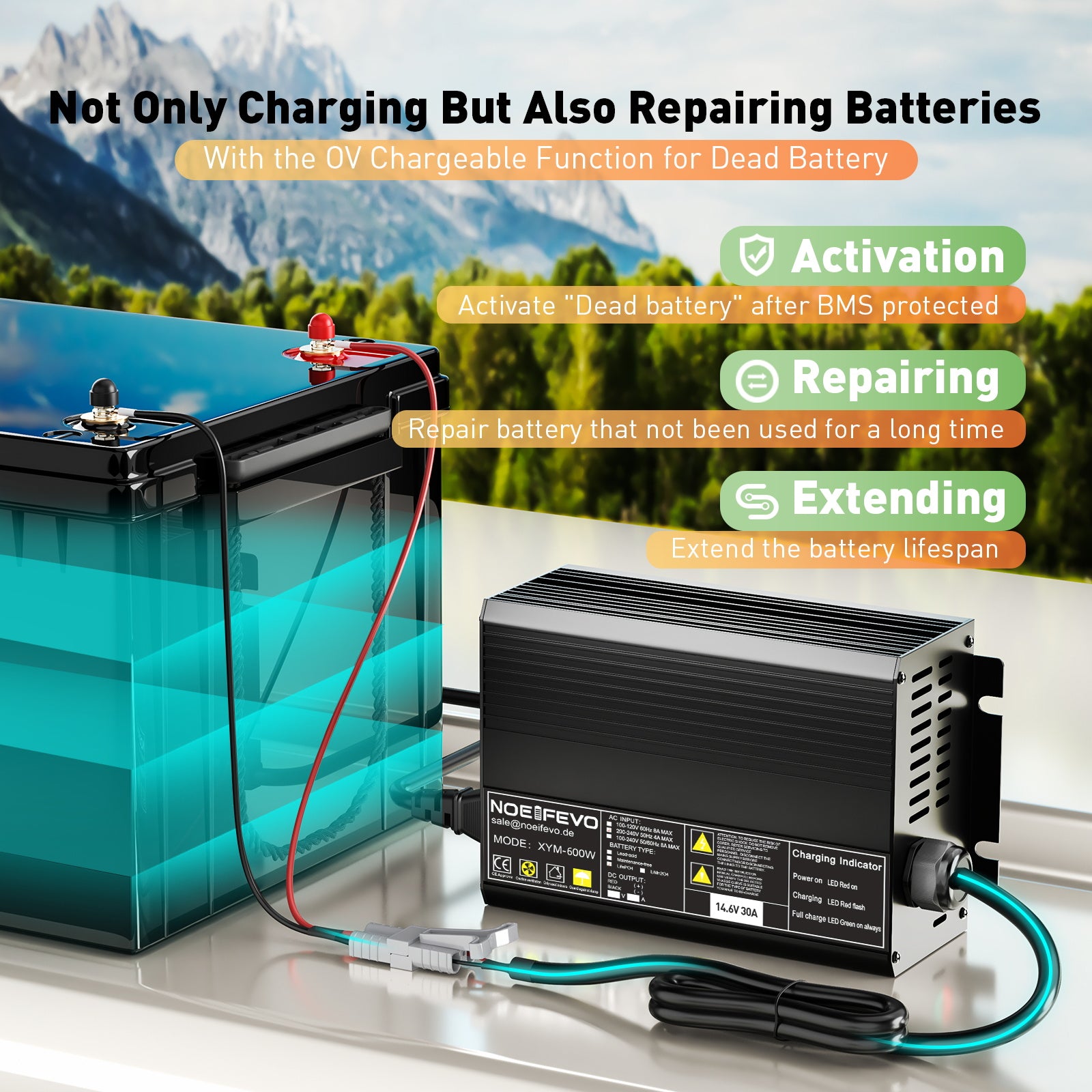 Noeifevo 12V 12.8V 30A LiFePO4  litio de batería de Cargador , voltaje de carga 14.6V, activación BMS 0V, apagado automático, carcasa de aluminio