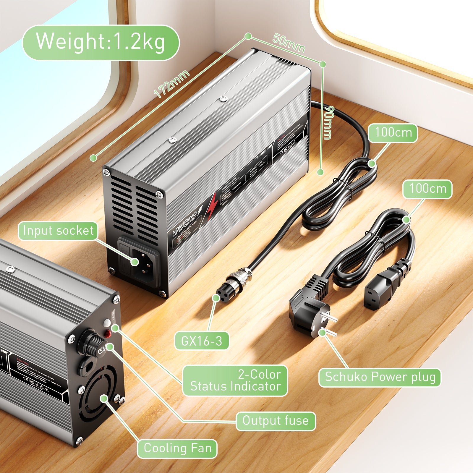 NOEIFEVO 58,8V 8A Litiumbatteriladdare för 51,8V (48V) 14S-batteri, automatisk avstängning, aluminiumhus, med fläkt (Silver).