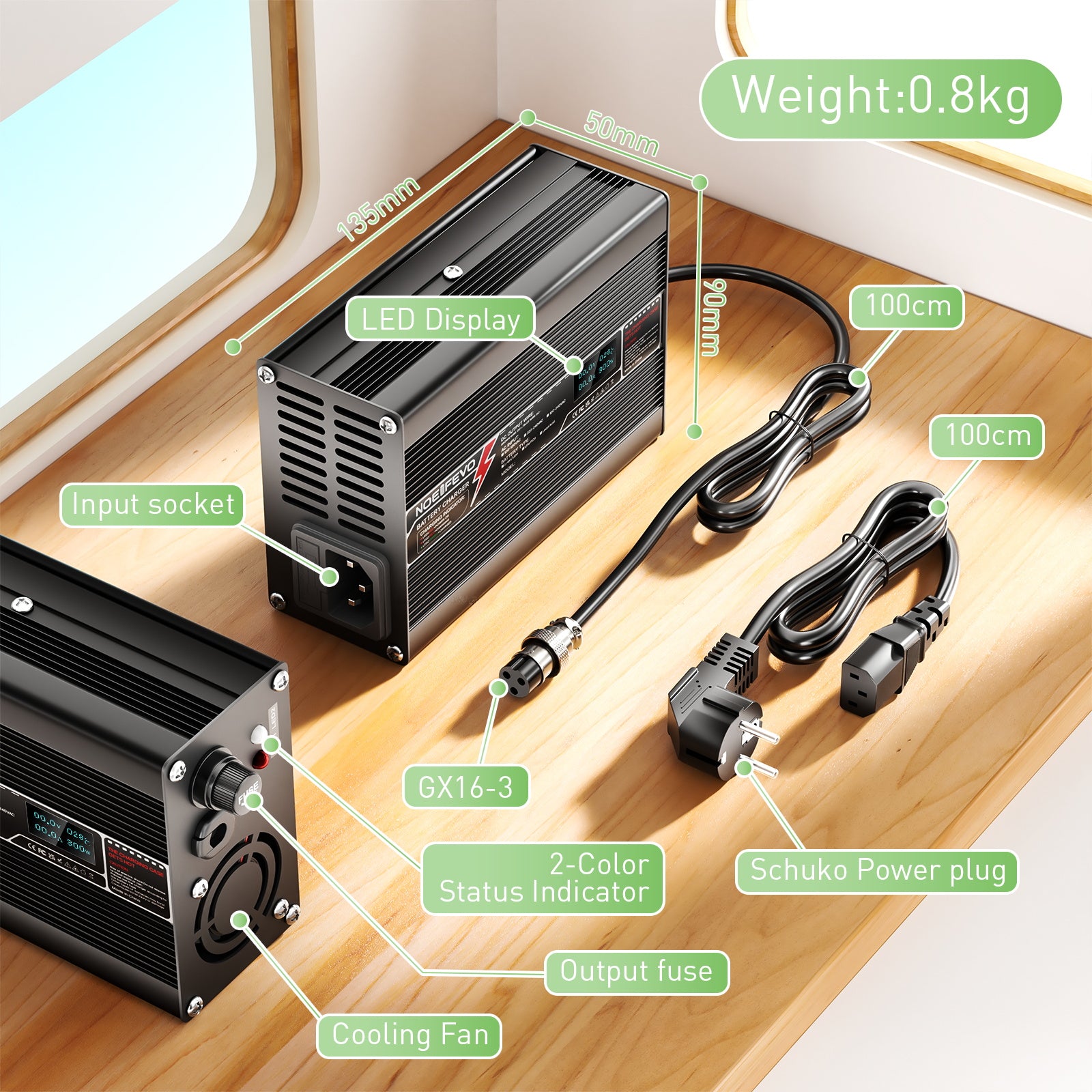 NOEIFEVO 58.4V 2.5A LiFePO4 nabíječka baterií pro 16S 48V 51.2V LiFePO4 baterii, s LCD displejem, chladicím ventilátorem, automatickým vypnutím