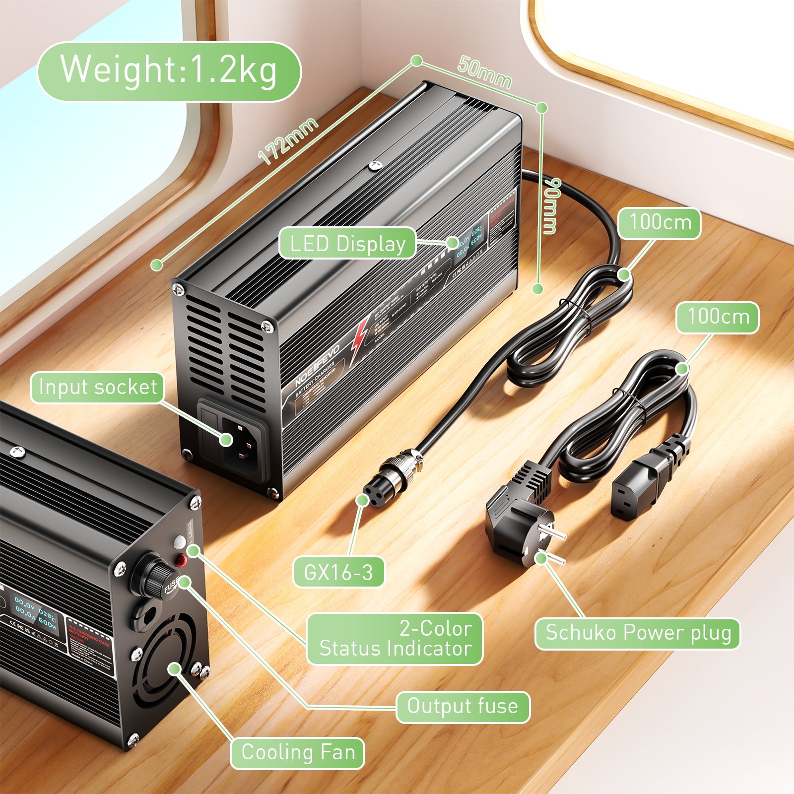 NOEIFEVO Caricabatterie al Litio 12,6V 20A per Batterie Li-Ion e Lipo 3S 11,1V, Caricabatterie per E-Bike e Scooter, Display LED, Involucro in Alluminio