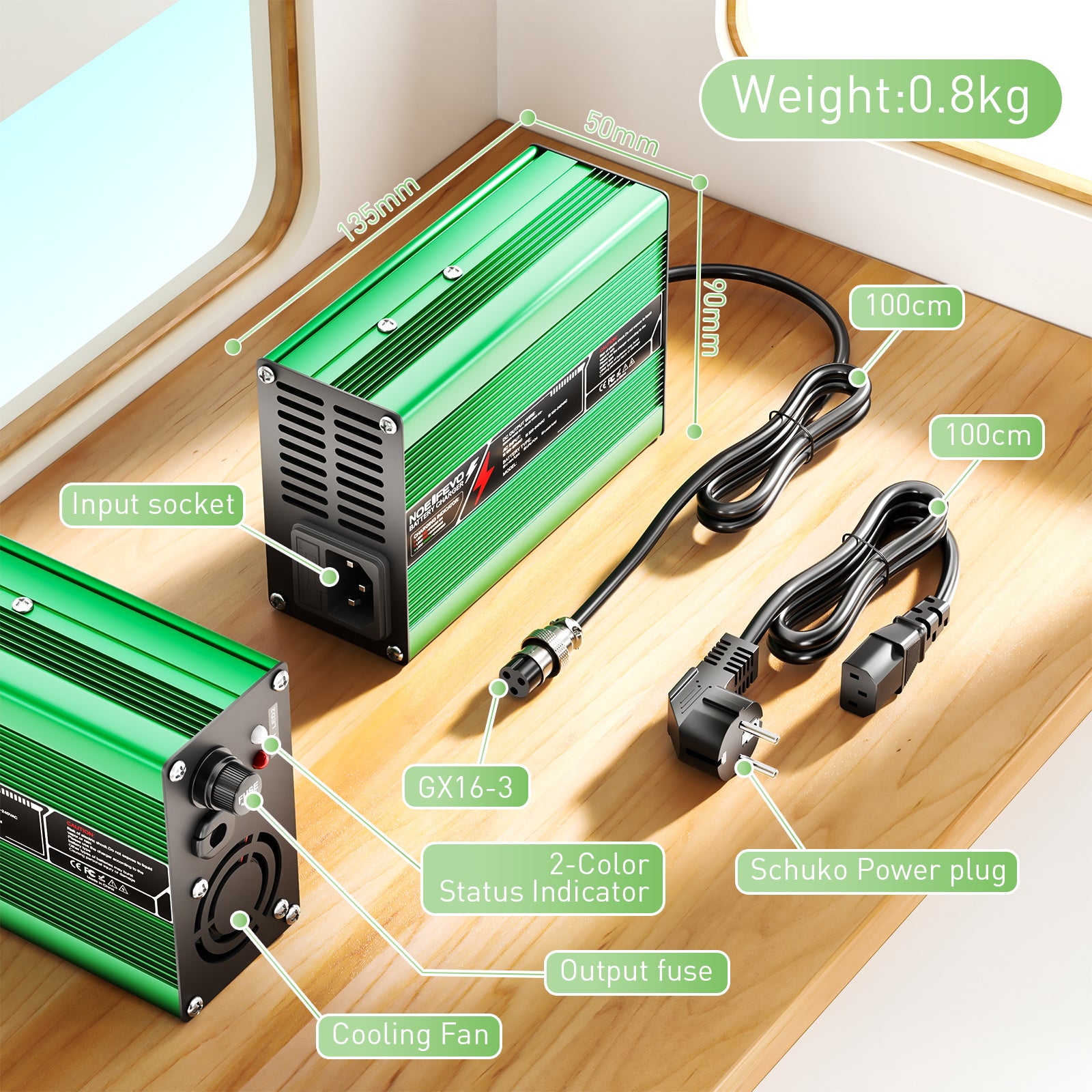 NOEIFEVO 58.8V 3A Lithium-Ladegerät für 14S 51.8V Li-Ion Lipo-Batterien, Kühlventilator, automatischer Abschaltung(GREEN)