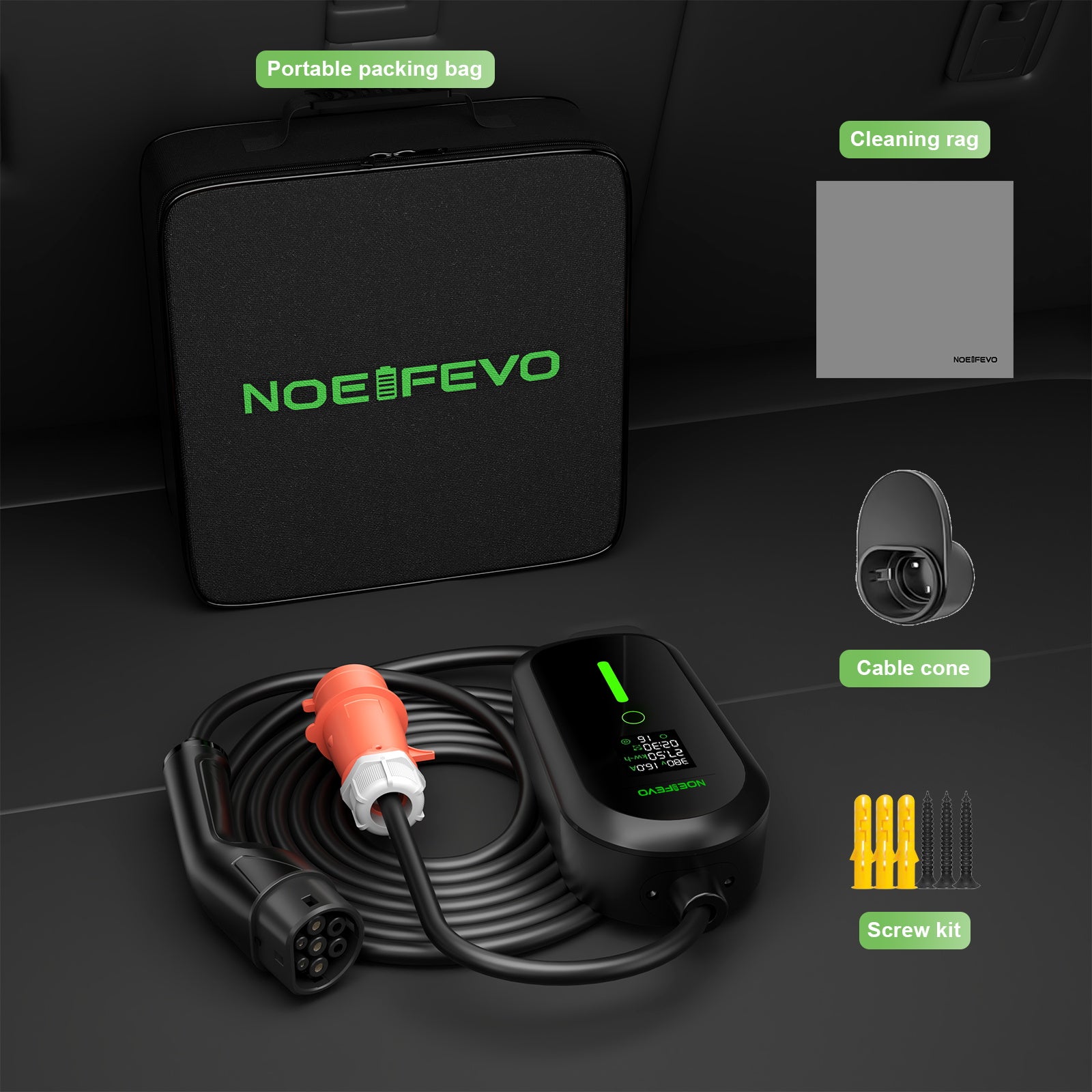 NOEIFEVO F097 11KW Wallbox Móvel EV com App, 3-fases 6-16A com Potência de Carga Ajustável, Controle Remoto via Wi-Fi, Cabo de Carregamento CEE 16A para Tipo 2 para Carregador EV