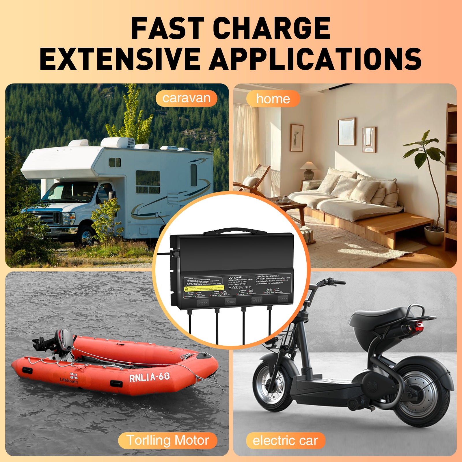 NOEIFEVO Univerzálny nabíjač batérií 12V 40A 4-banks (10A/banka), vodotesný nabíjač 12V LiFePO4 lítiovo-olovený pre karavan, čln, motorku, kosačku na trávu, trollingový motor a olovo-kyselinové batérie