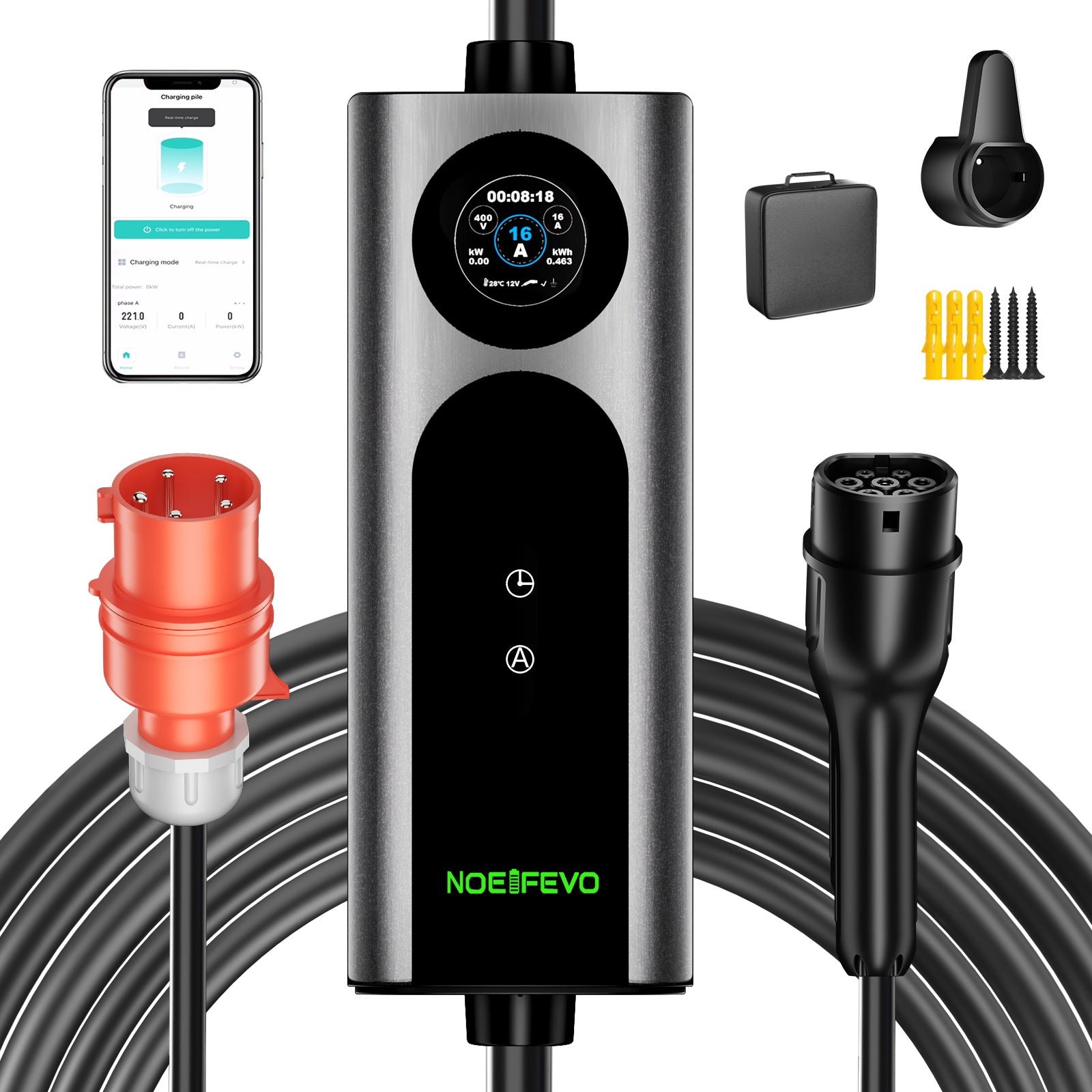 Noeifevo Type 2 Mobiele EV Wallbox, 11KW 3-fase CEE16A Instelbare Laadvermogen EV Lader, 5m/10m/15m EV Oplaadkabel voor Model Y/3, ID.3/4/5, MG4, EX30, e-up, e-tron, Zoe en andere EV's.
