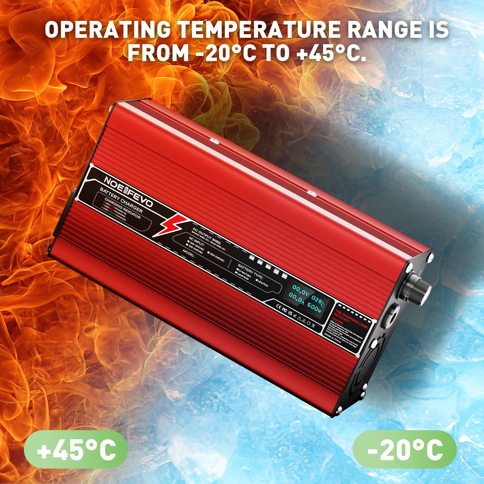 NOEIFEVO 24V 15A bly-syre-batterilader, opladningsspænding 27,6V-29,4V, automatisk slukning, OLED-display, aluminiumsgehus, med blæser.