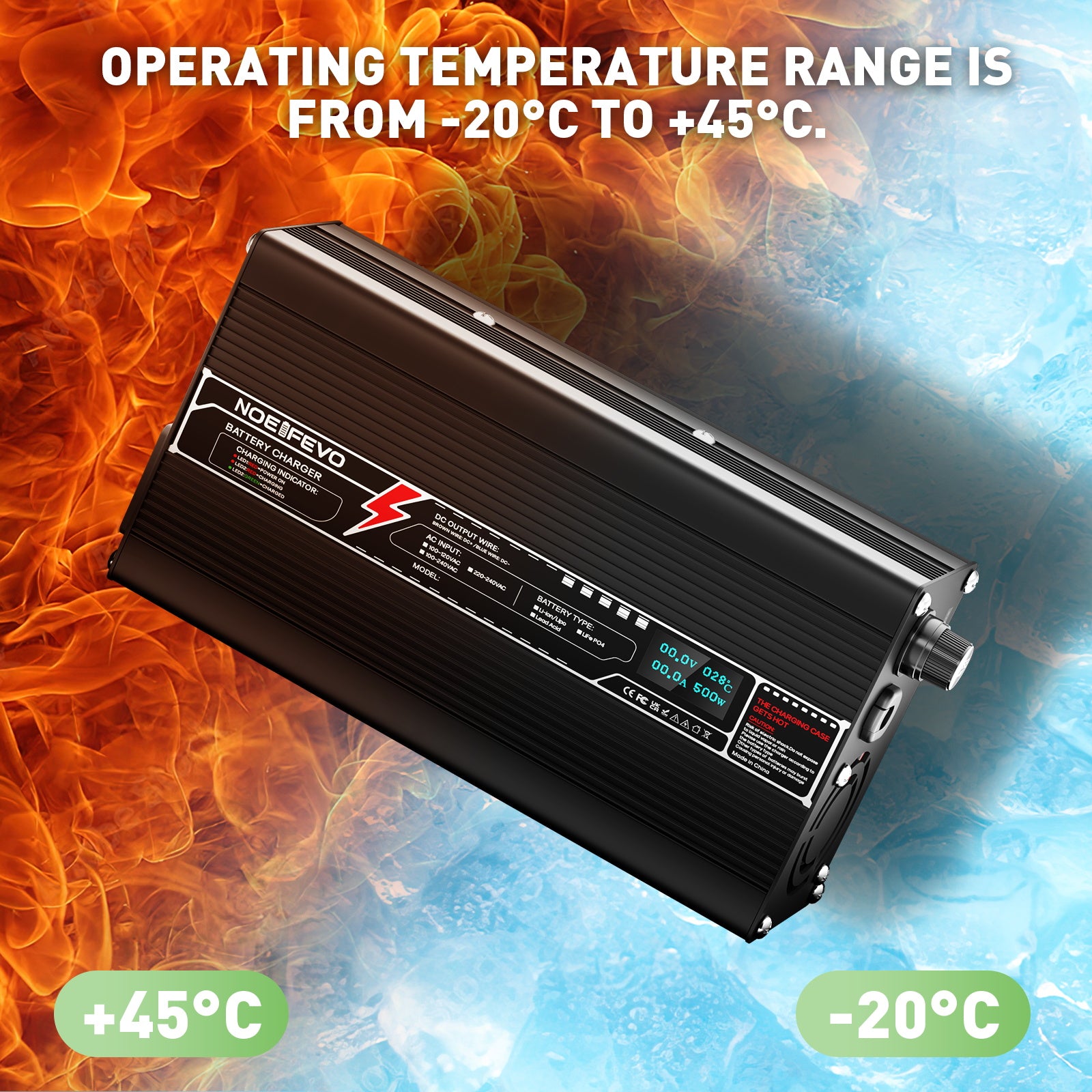 NOEIFEVO 72V 5A blybatteriladdare, OLED-skärm, aluminiumhölje, intelligent snabbladdare