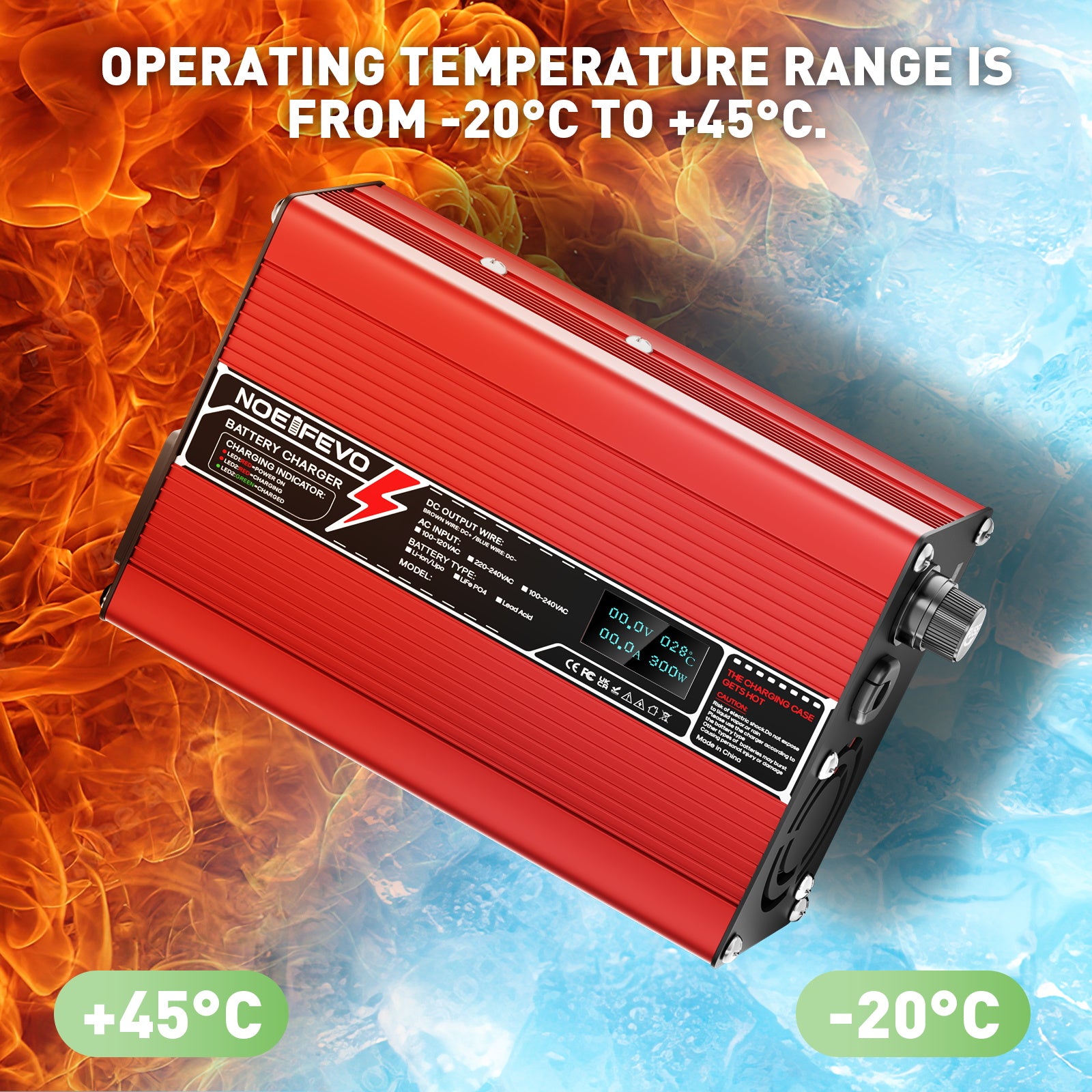 NOEIFEVO 58,4V 3A LiFePO4 Batterijlader voor 16S 48V 51,2V LiFePO4 batterij, met LCD-scherm, koelventilator, automatische uitschakeling (ROOD)