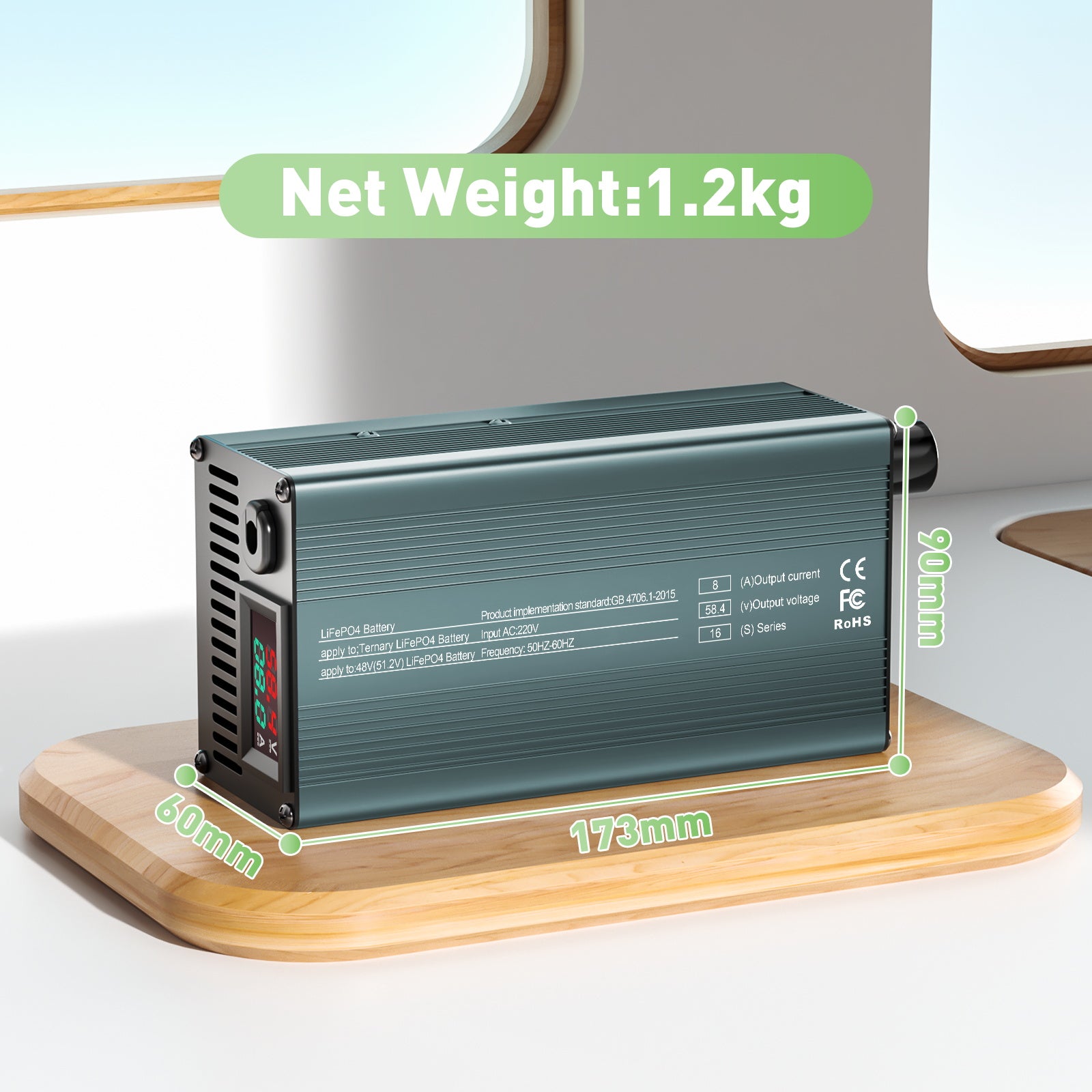 NOEIFEVO 58.4V 8A Lithium LiFePO4 Batterilader til 51.2V 16S LiFePO4 batteri, LCD-skærm, justerbar strøm, oplader til golfvogne, trollingmotorer, både og campingvogne