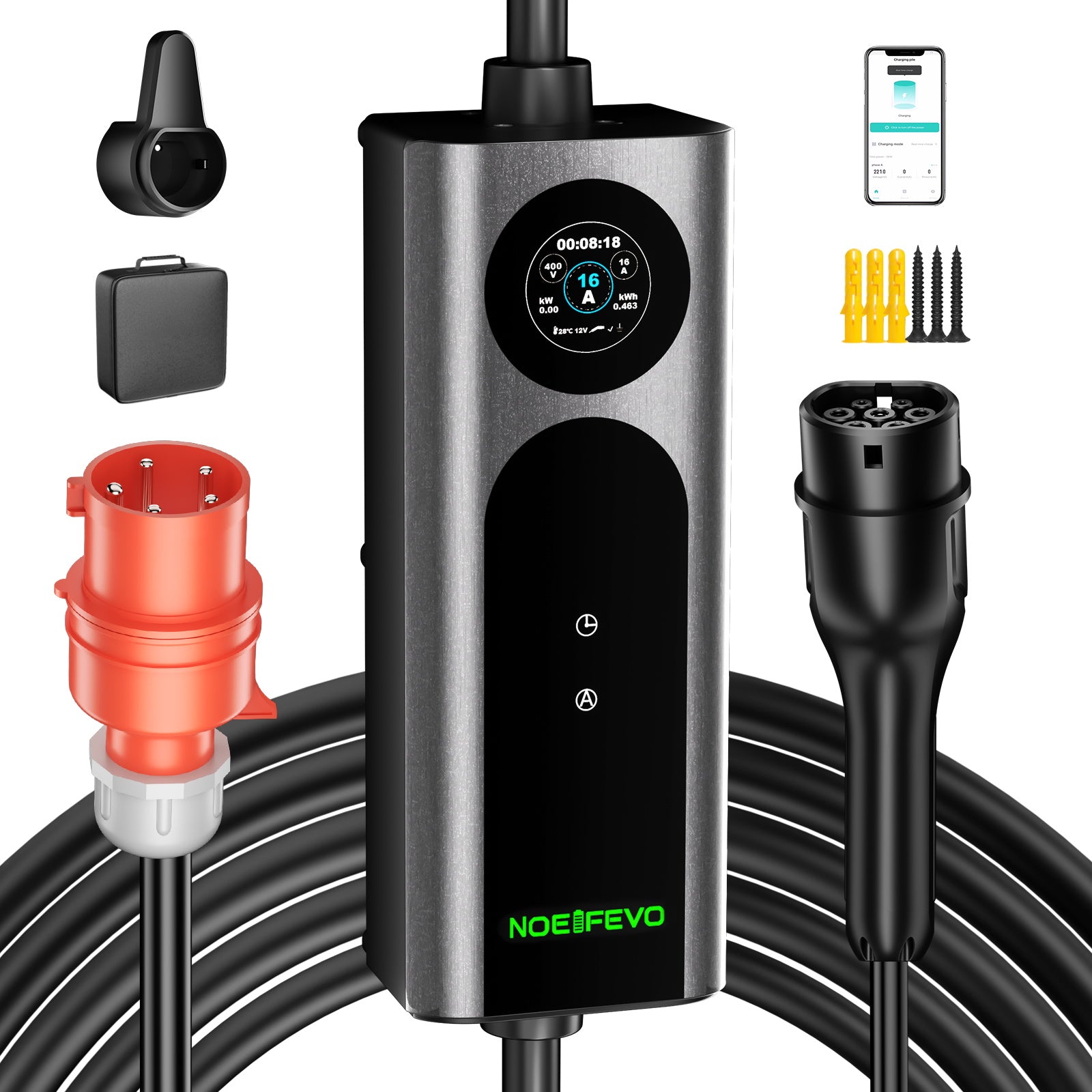 NOEIFEVO Q21W Wlan elbil Laddare mobil Wallbox 11kW med APP fjärrkontroll ,5m/10m Typ2 CEE16A 3-fas laddningskabel 