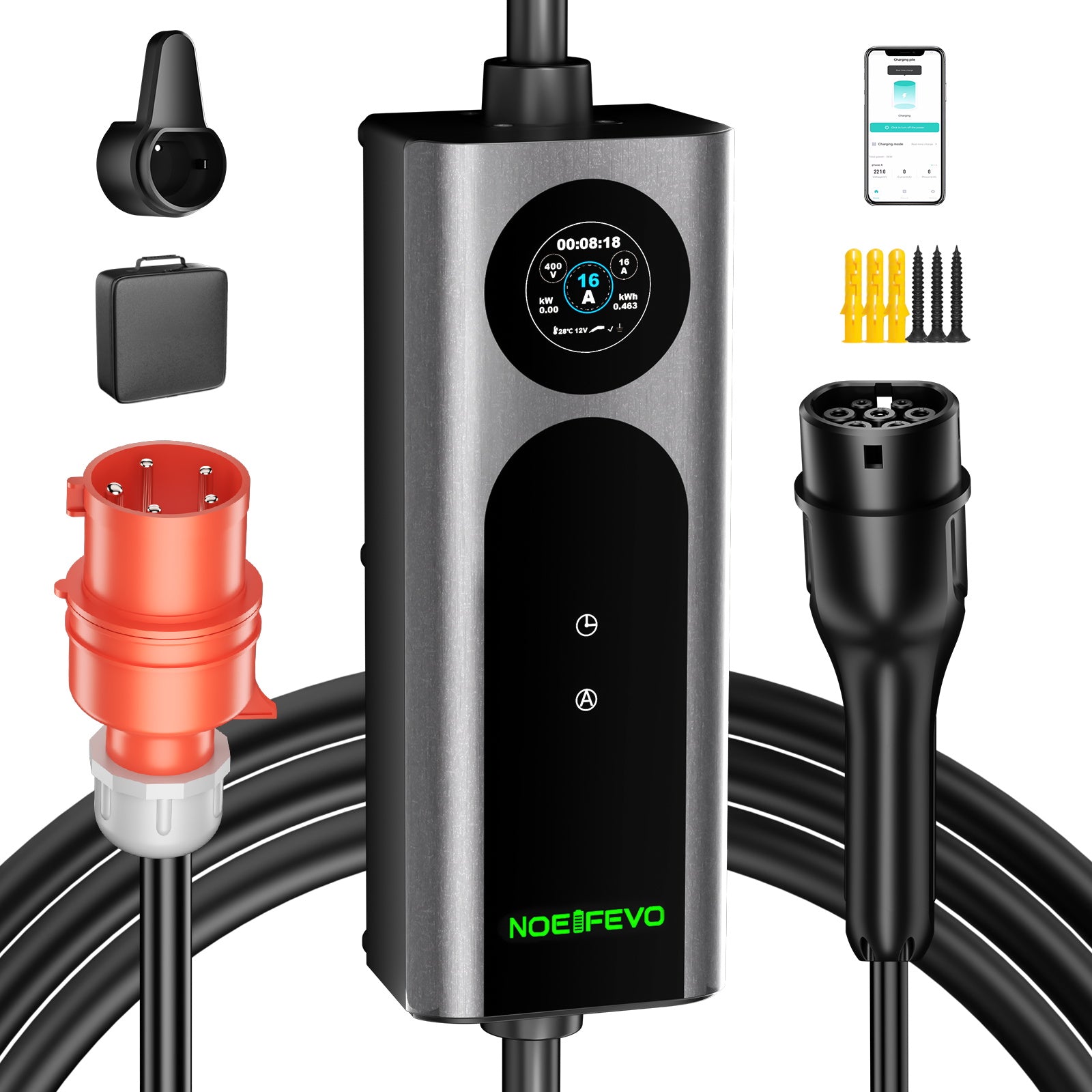 Noeifevo Wallbox EV Móvil Tipo 2, Cargador EV de 11KW 3-fases CEE16A con Potencia de Carga Ajustable, Cable de Carga EV de 5m/10m/15m para Model Y/3, ID.3/4/5, MG4, EX30, e-up, e-tron, Zoe y otros EV.
