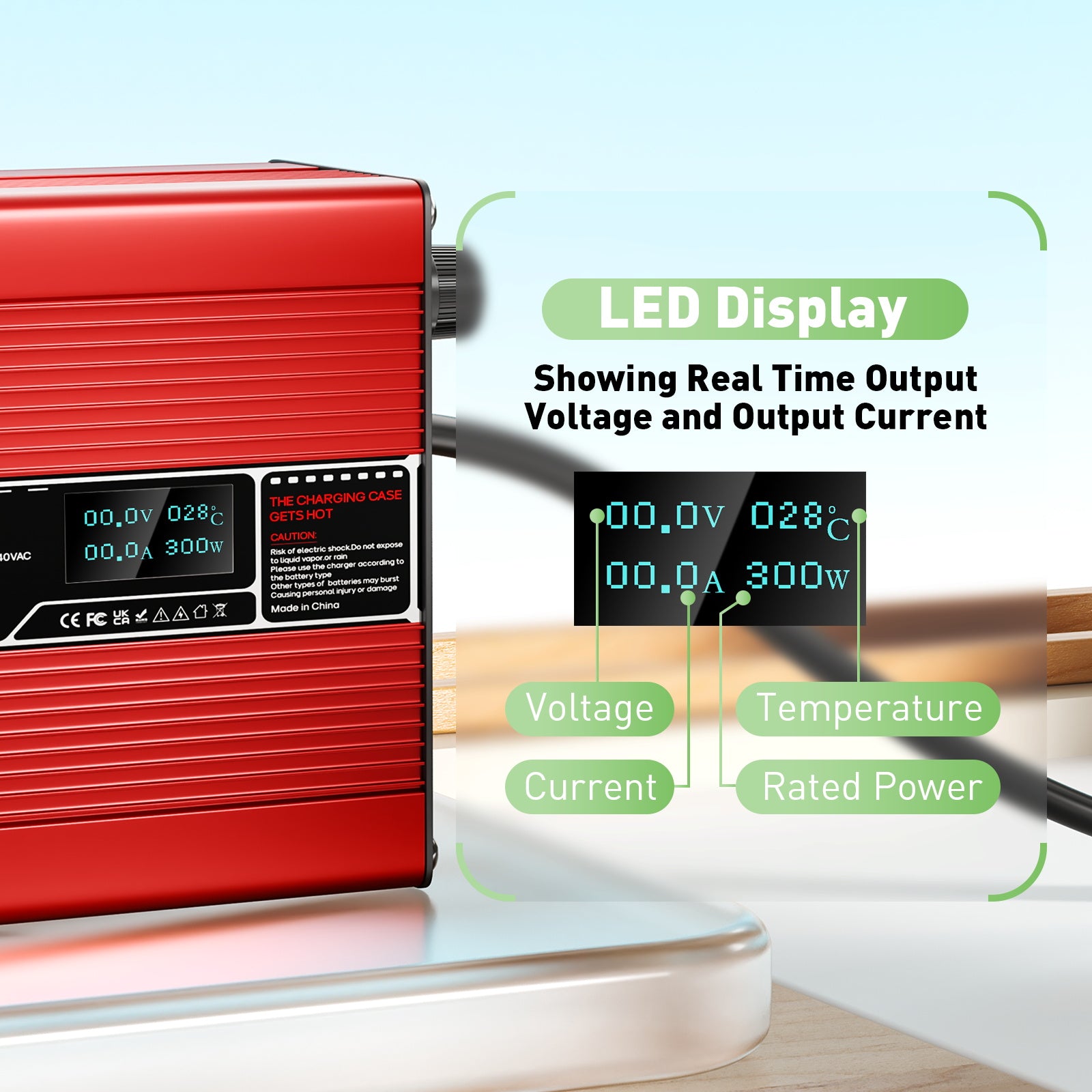 NOEIFEVO 42V 4A litiumladdare för 10S 37V Li-Ion Lipo-batterier, med LCD-display, kylfläkt, automatisk avstängning(RED)