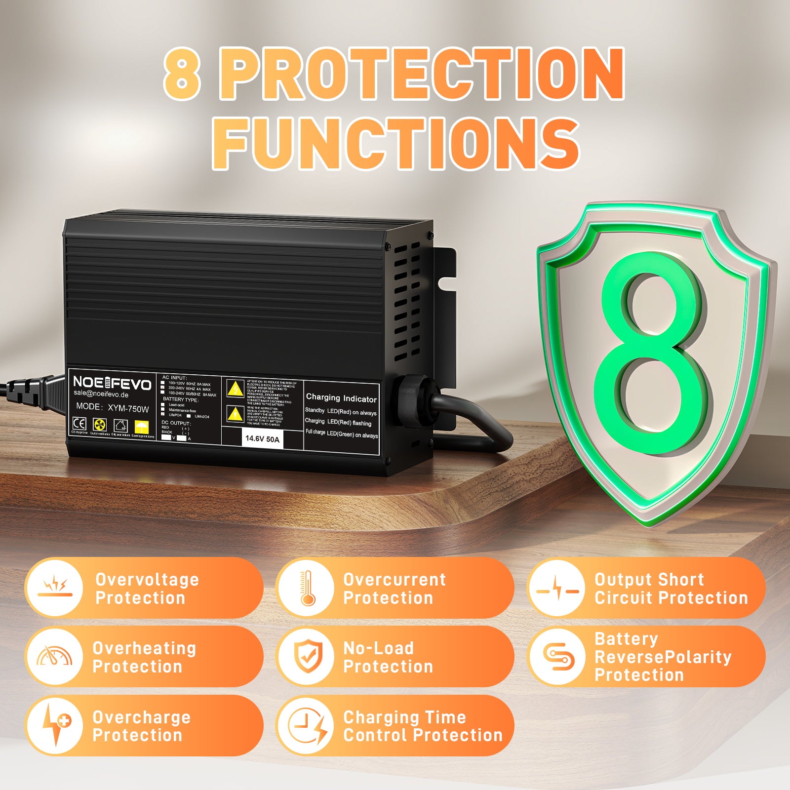 Noeifevo 14,6V 50A Snabb Lithium LiFePO4 batteriladdare för 12V(12,8V) LiFePO4 batteri, 0V BMS aktivera, automatisk avstängning med fullt skydd