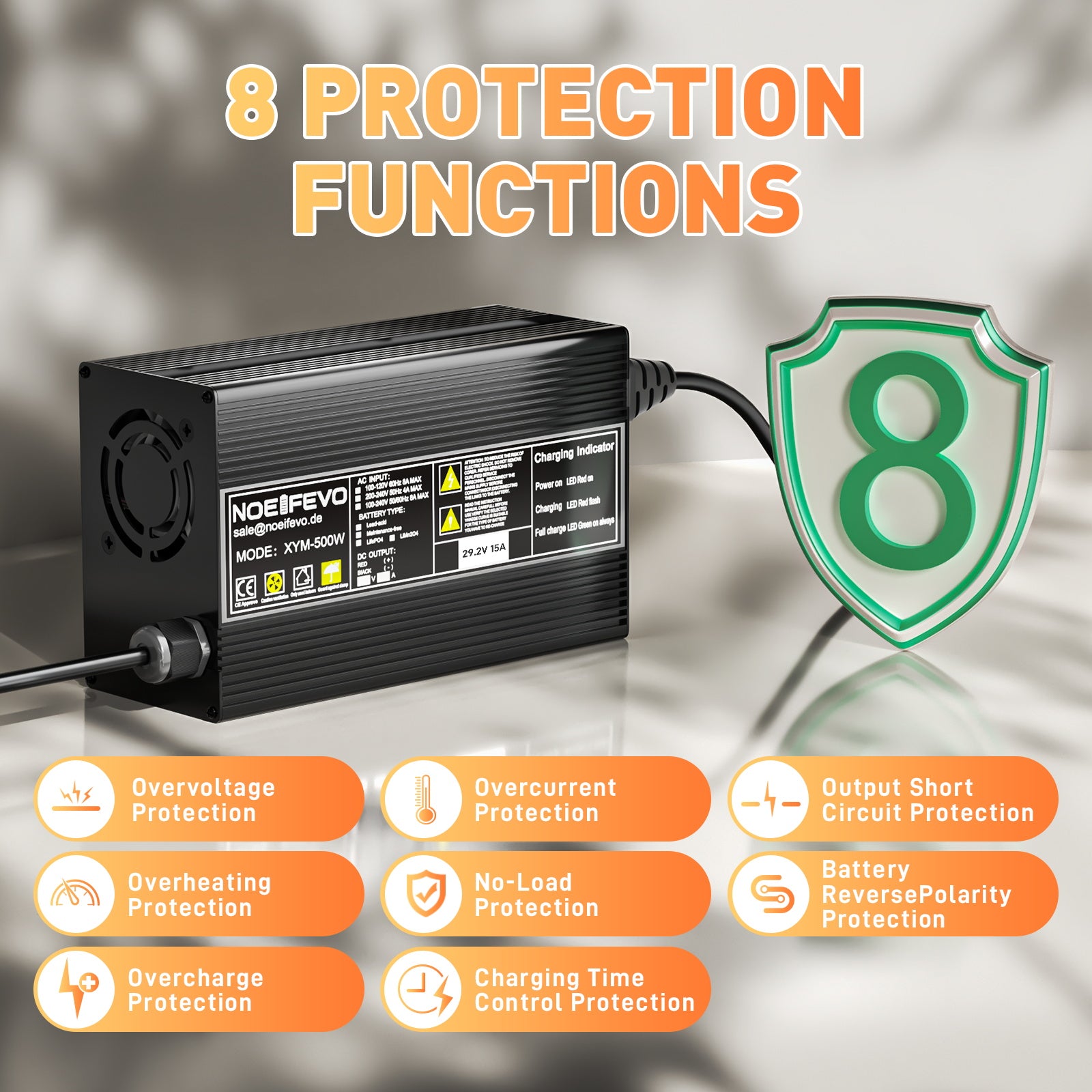 Noeifevo 29,2V 15A LiFePO4 nabíječka baterií pro 24V 25,6V lithiovou baterii, 0V aktivace BMS, automatické vypnutí s plnou ochranou