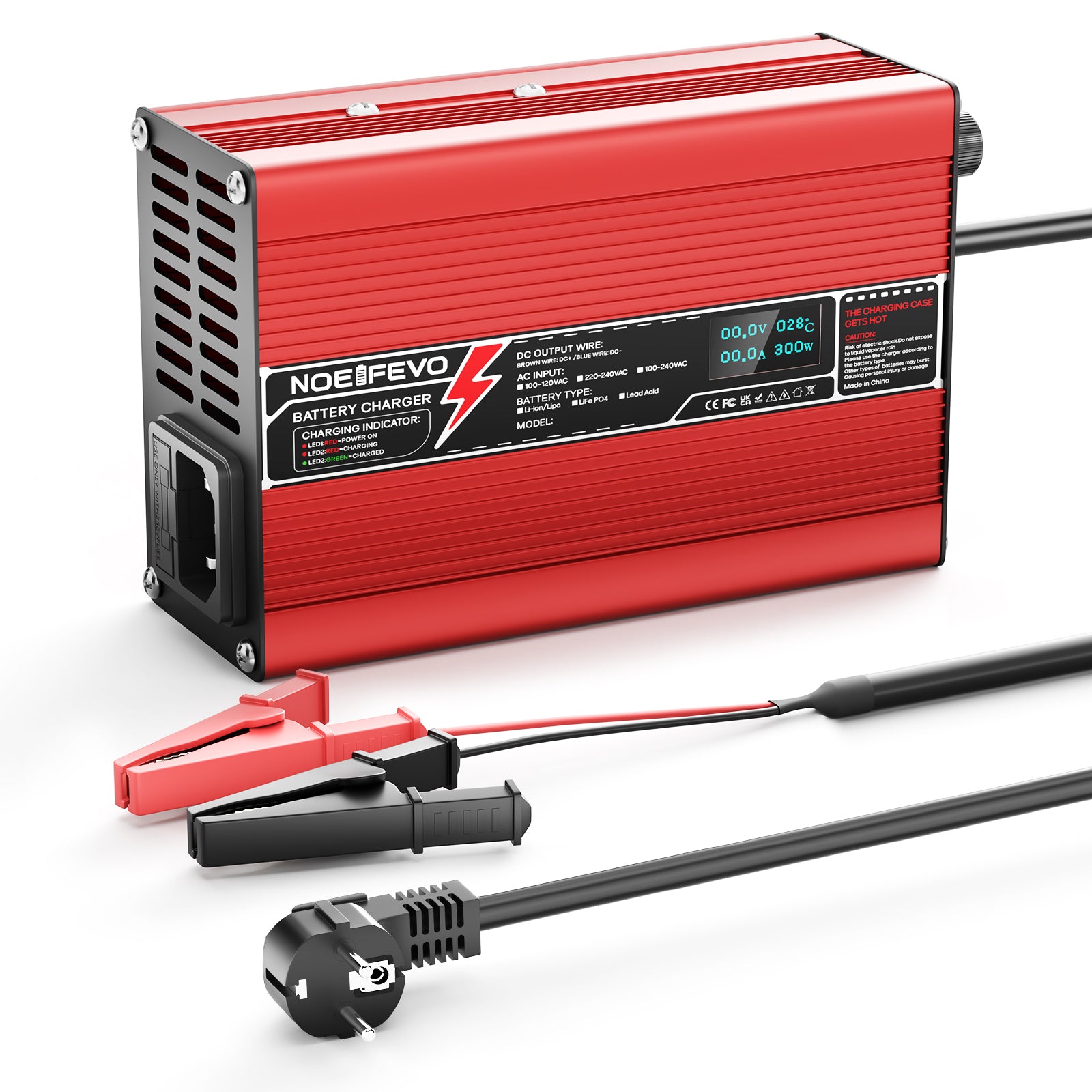 NOEIFEVO 58.8V 2A 2.5A 3A Cargador de Litio para baterías Li-Ion Lipo de 14S 51.8V, con pantalla LCD, ventilador de refrigeración, apagado automático (ROJO)