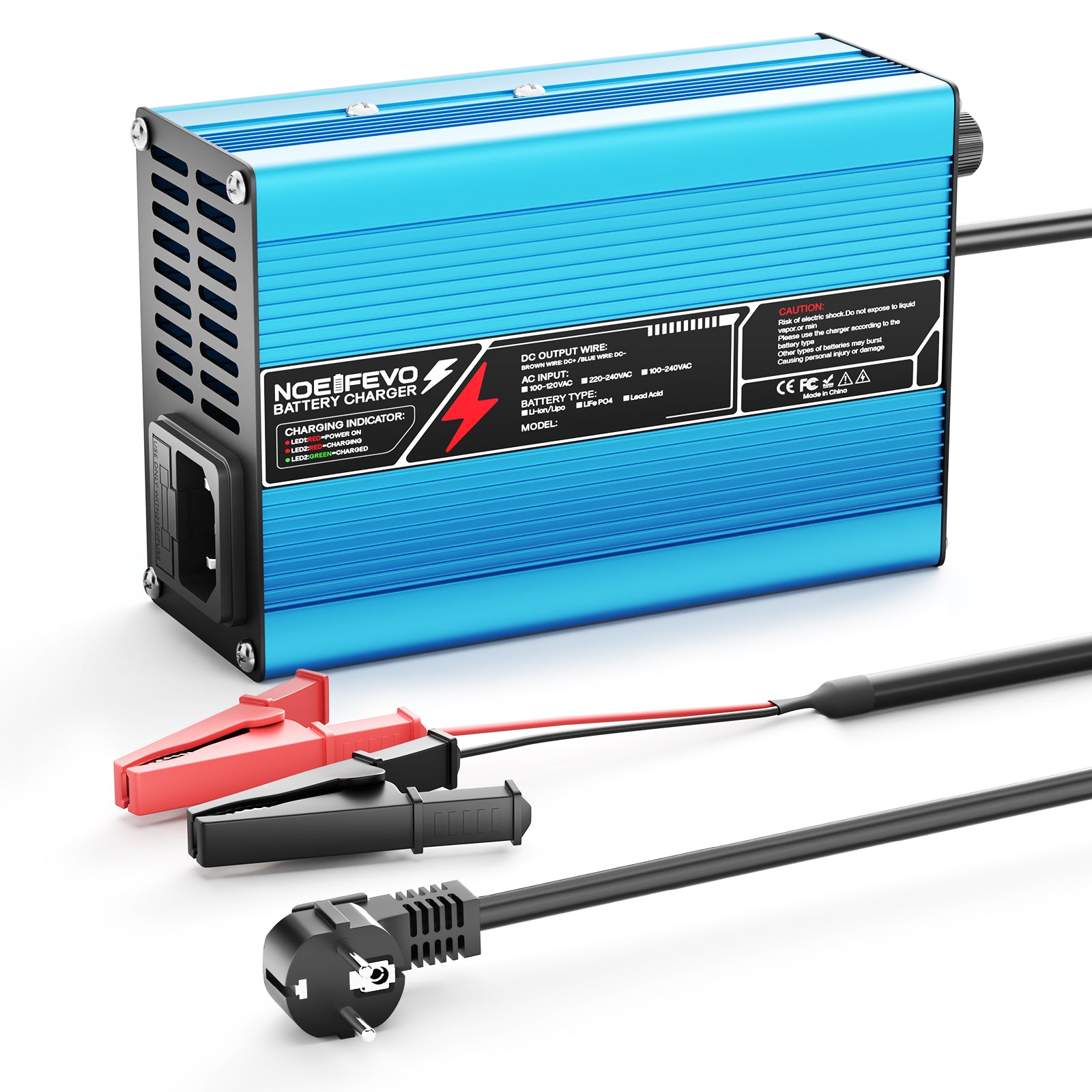 NOEIFEVO 16.8V 10A Carregador de Lítio para Baterias Li-Ion Lipo 4S 14.8V, Ventilador de Resfriamento, Desligamento Automático (AZUL)