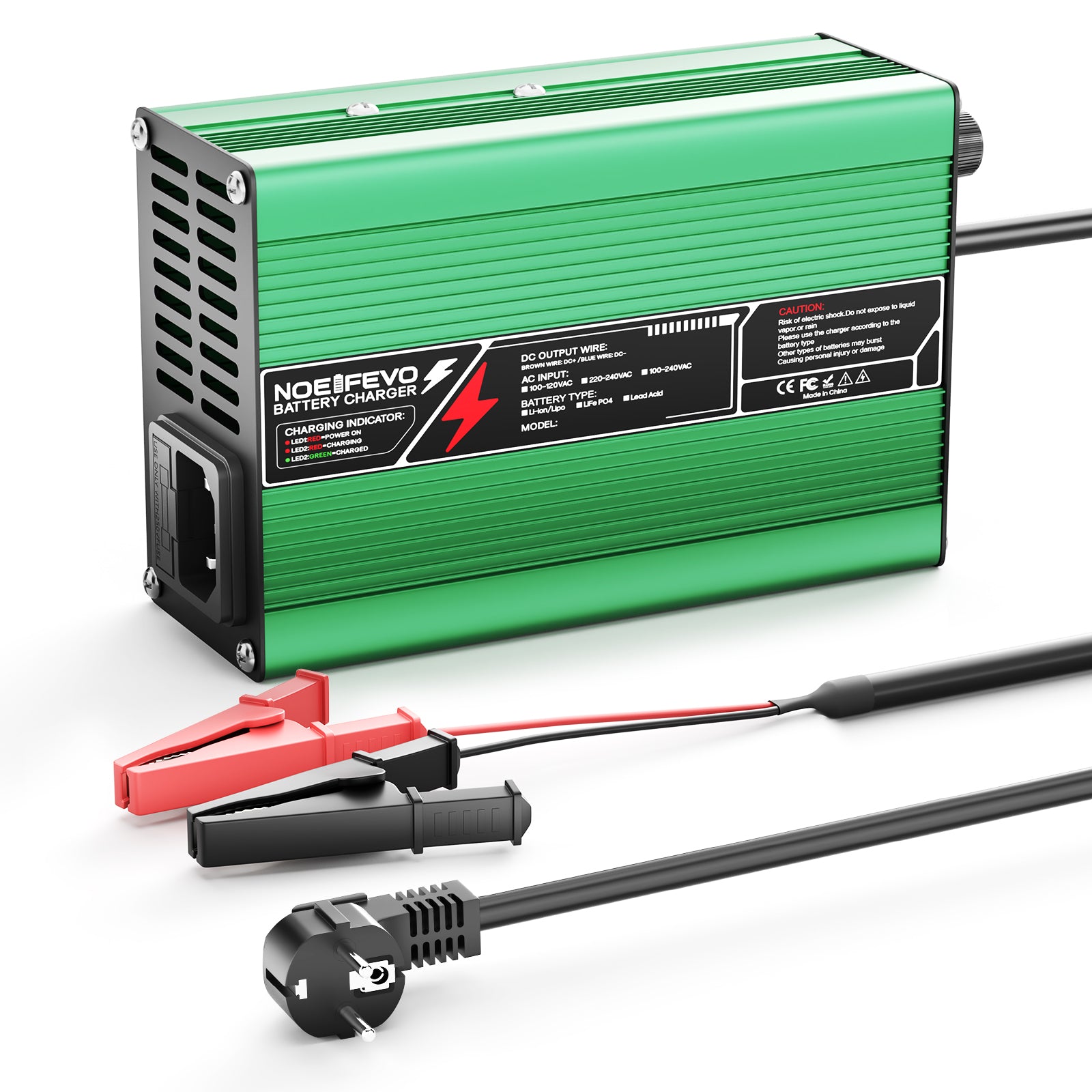 NOEIFEVO 33.6V 2A 3A 4A 5A Lithium-Laddare för 8S 29.6V Li-Ion Lipo-Batterier, Kylfläkt, Automatisk Avstängning (GRÖN)