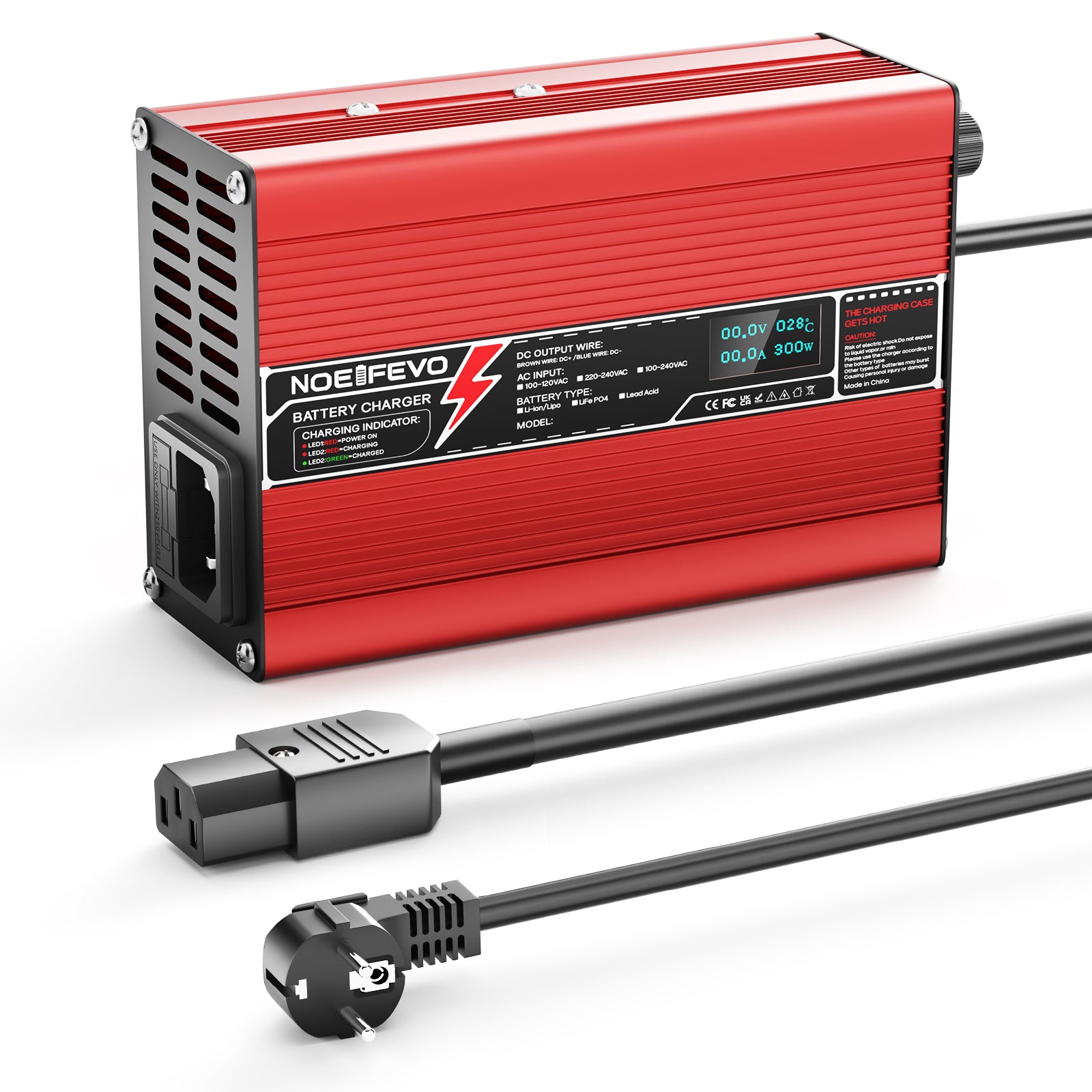 NOEIFEVO 58.8V 2A 2.5A 3A Caricabatterie al litio per batterie 14S 51.8V Li-Ion Lipo, con display LCD, ventola di raffreddamento, spegnimento automatico (ROSSO)