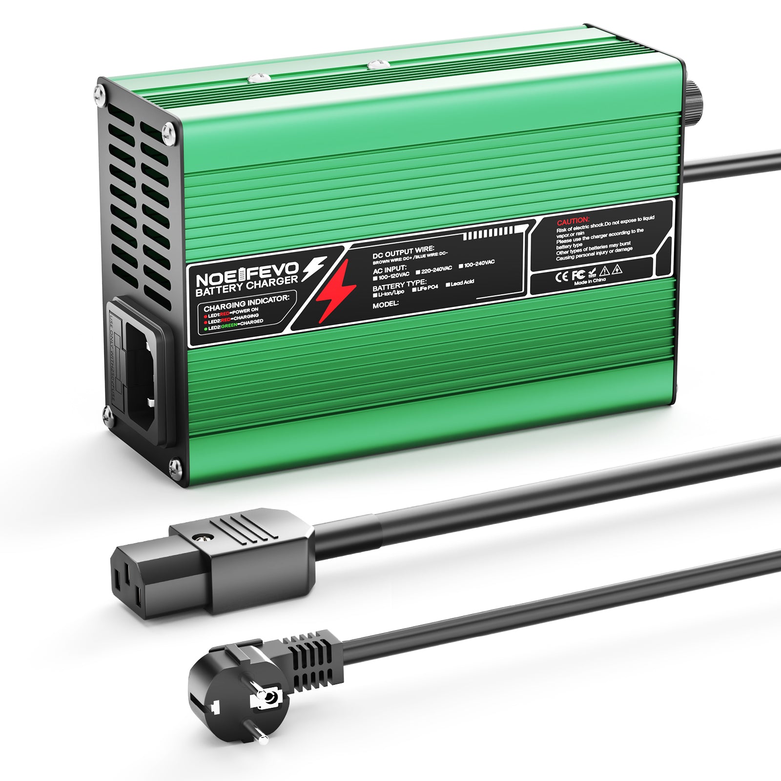 NOEIFEVO 36.5V 2A 3A 3.5A 4A LiFePO4 Batterie-Laddare för 10S 32V LiFePO4 Batteri, automatisk avstängning (GRÖN)