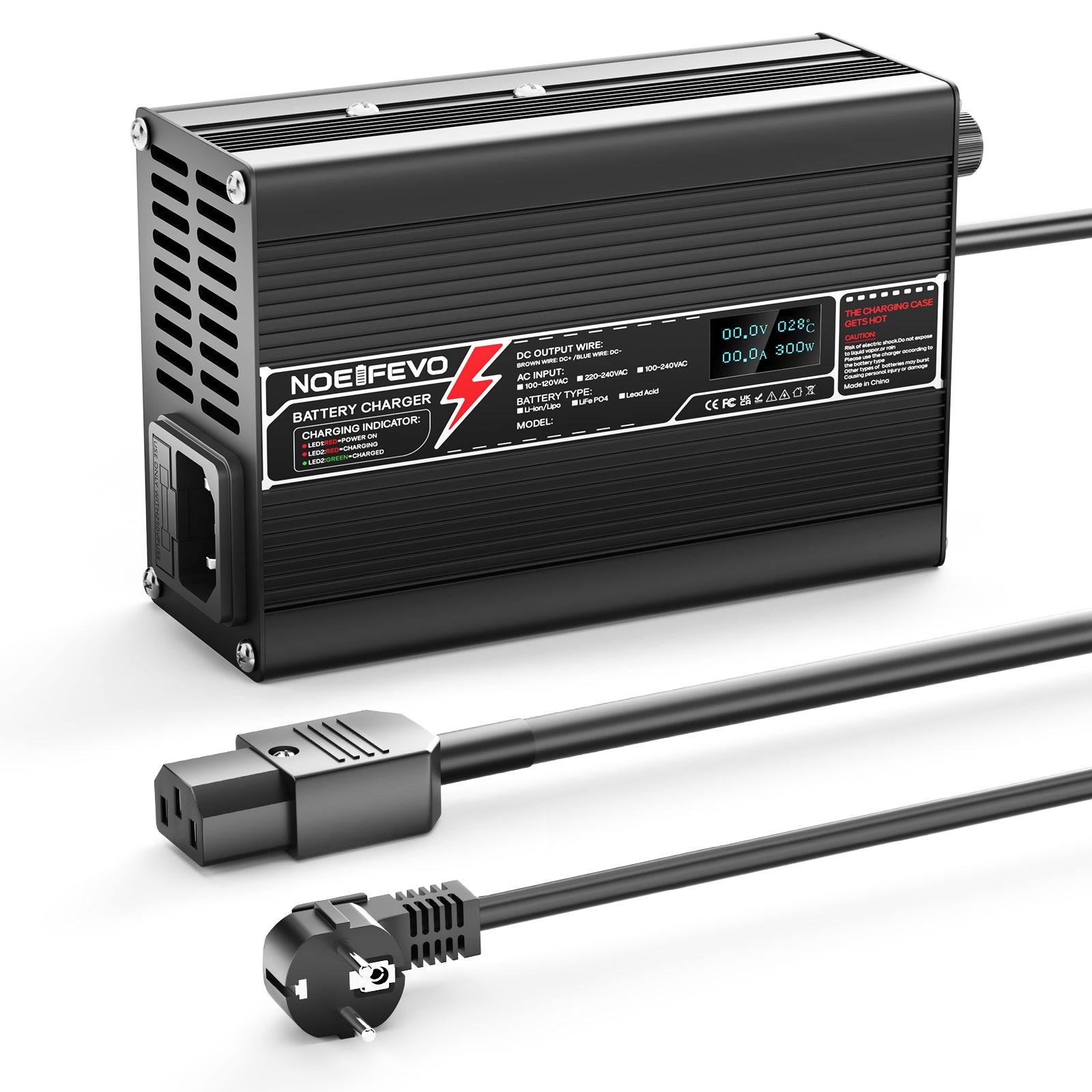 NOEIFEVO 29.4V 10A litiumbatteriladdare för 7S 25.9V Li-Ion Lipo batteri, E-cykel-laddare, LED-display, aluminiumhölje, fläkt
