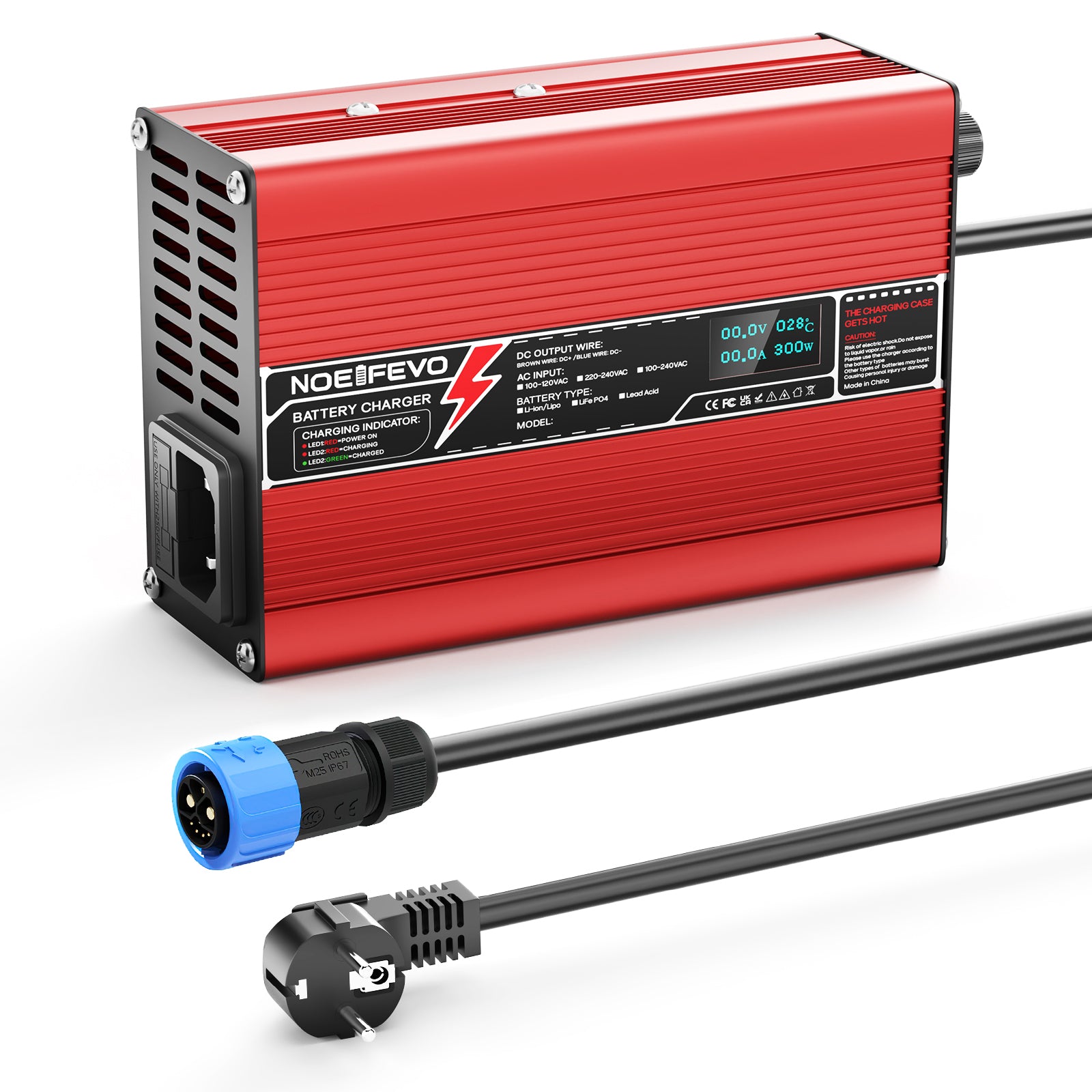 NOEIFEVO 42V 2A 3A 3.5A 4A Caricabatterie al Litio per batterie Li-Ion Lipo 10S 37V, Ventola di raffreddamento, Spegnimento automatico (ROSSO)