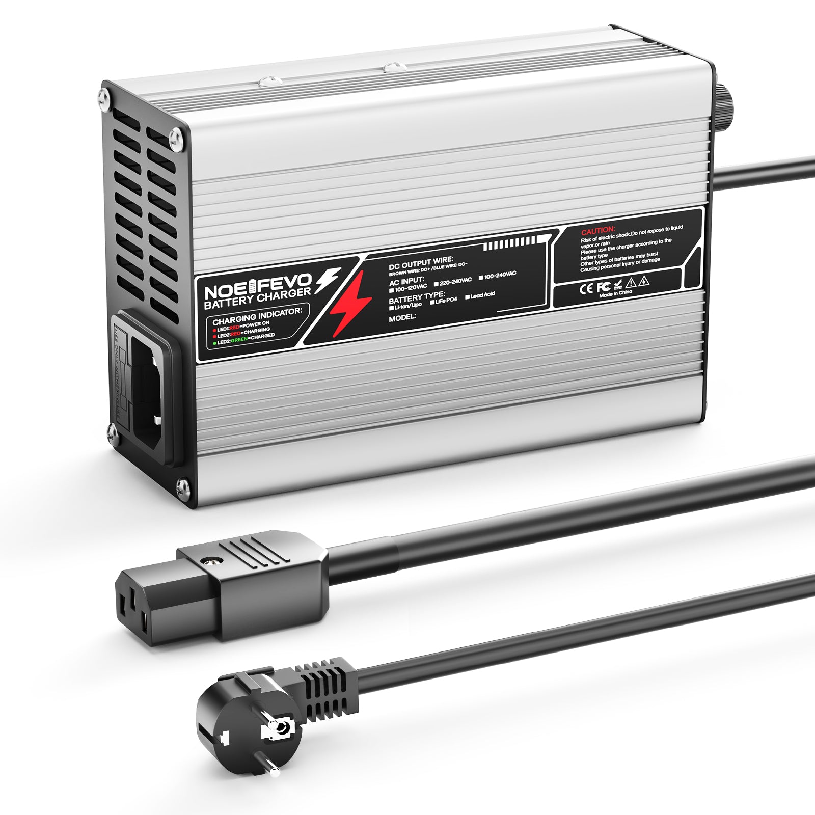 NOEIFEVO 50.4V 2A 2.5A 3A Caricabatterie al litio per batterie 12S 44.4V Li-Ion Lipo, ventola di raffreddamento, spegnimento automatico