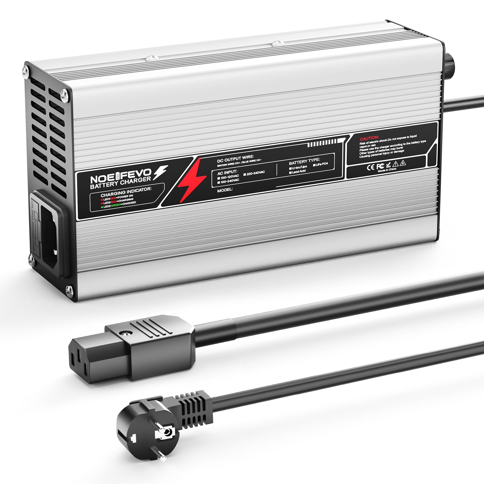 NOEIFEVO 67,2 V 6 A Lithium-batteriladdare för 59,2 V (60 V) 16S-batteri, automatisk avstängning, aluminiumhölje, med fläkt (silver)