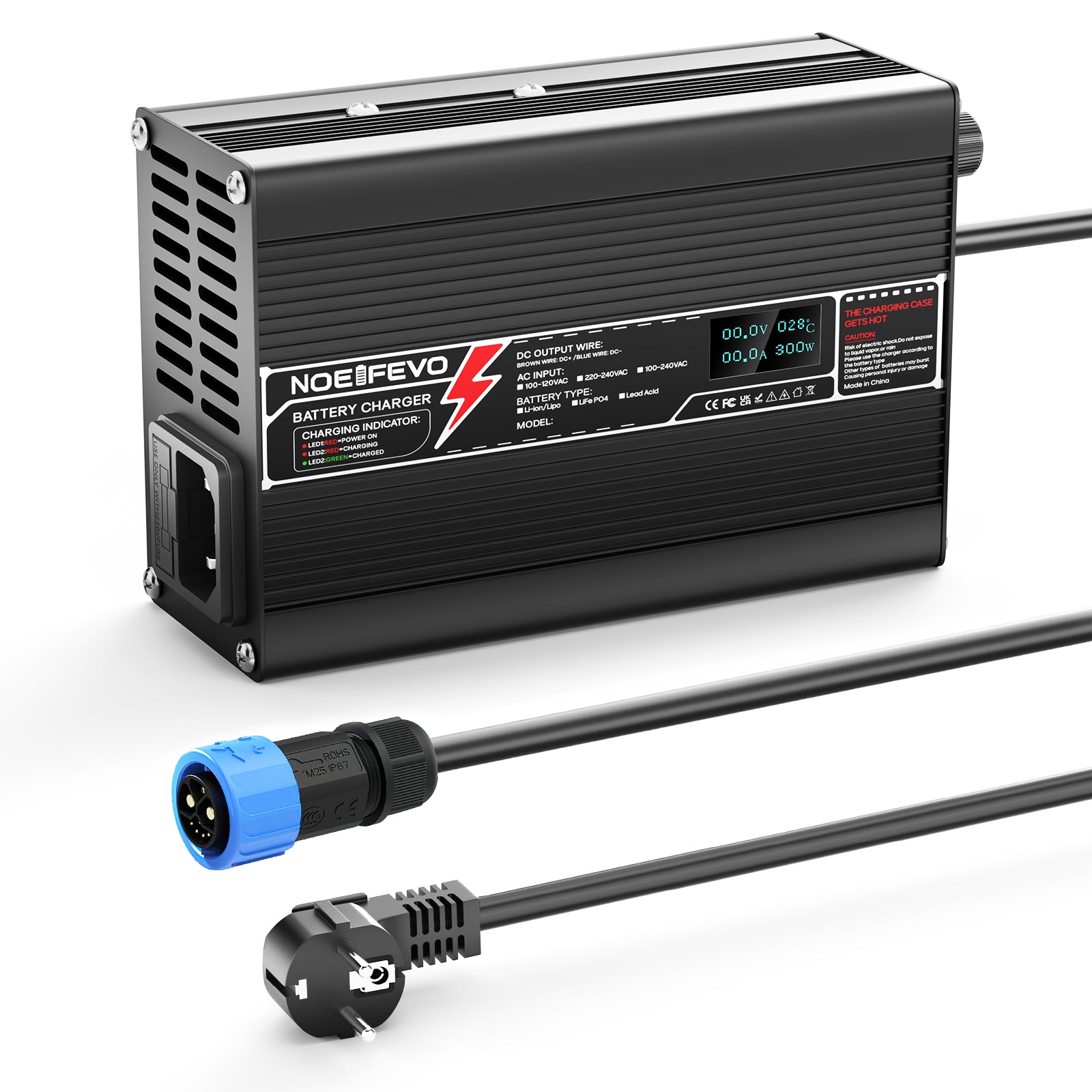 מטען ליתיום NOEIFEVO 71.4V 4A עבור סוללת Li-Ion Lipo 17S 62.9V, מטען לאופניים חשמליים וקטנועים, תצוגת LED, מארז אלומיניום