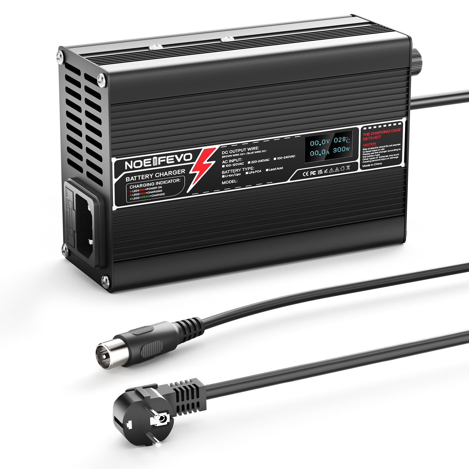 מטען ליתיום NOEIFEVO 71.4V 4A עבור סוללת Li-Ion Lipo 17S 62.9V, מטען לאופניים חשמליים וקטנועים, תצוגת LED, מארז אלומיניום