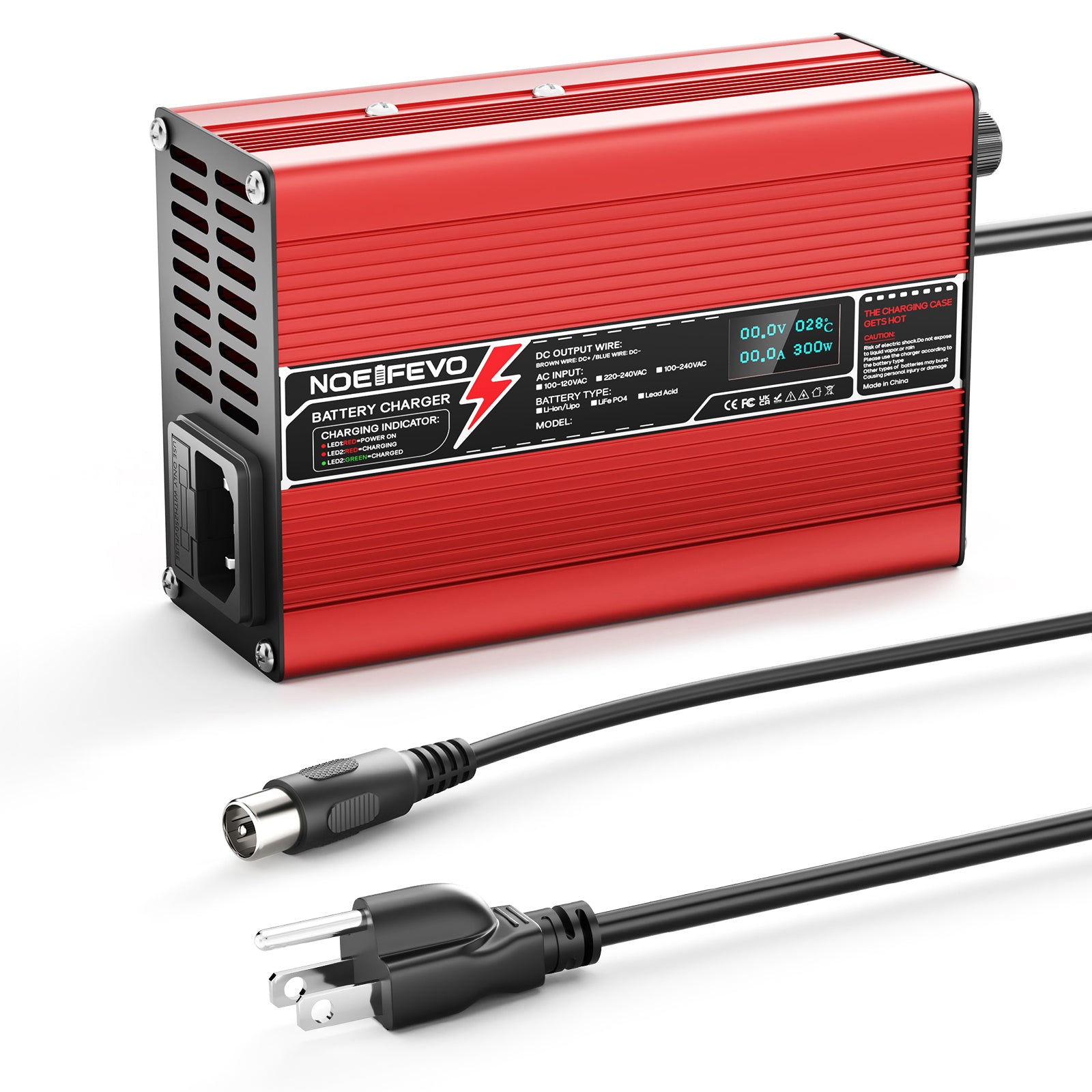 NOEIFEVO 58.8V 2A 2.5A 3A Caricabatterie al litio per batterie 14S 51.8V Li-Ion Lipo, con display LCD, ventola di raffreddamento, spegnimento automatico (ROSSO)