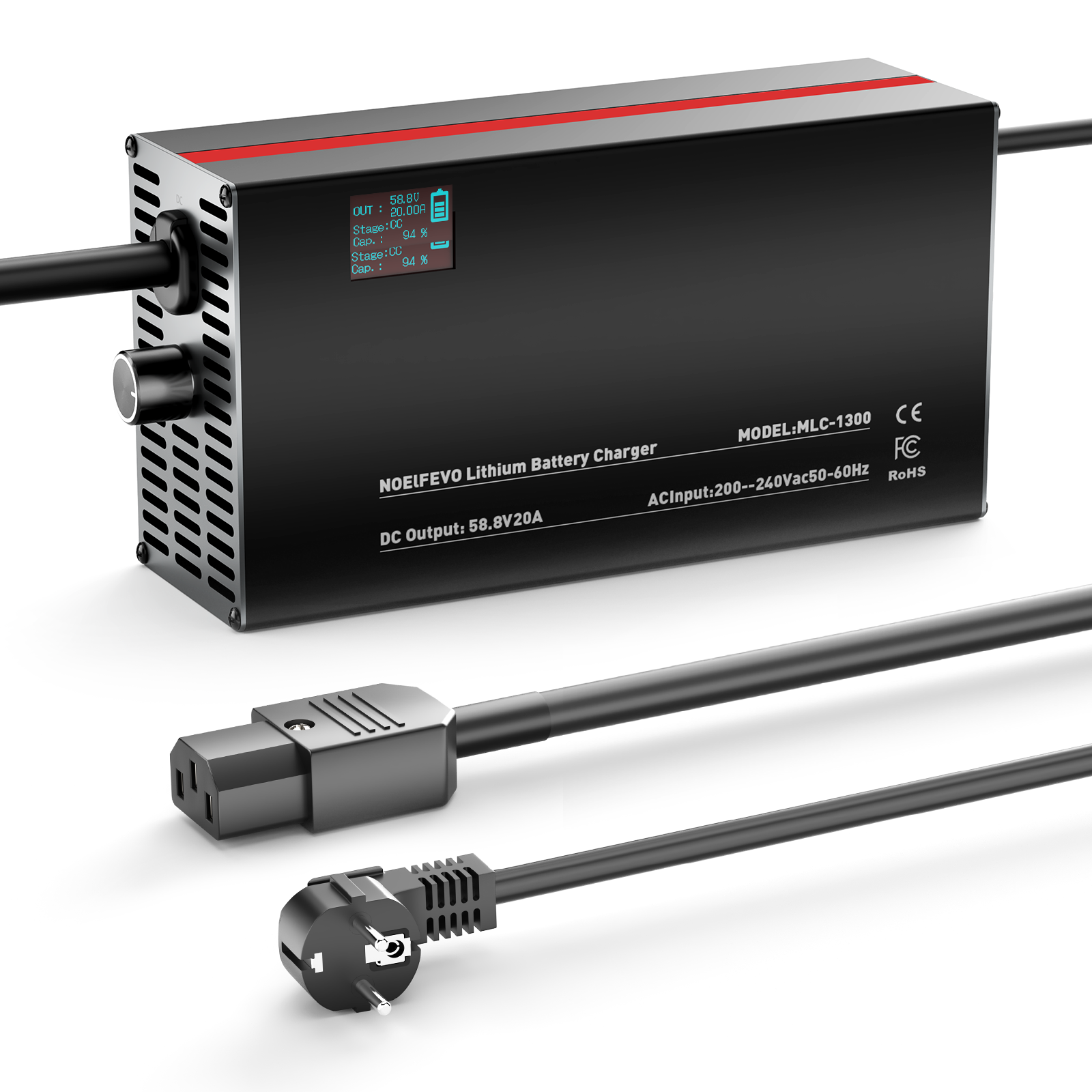 NOEIFEVO 58,8V 2-20A Caricabatterie per batterie al litio 51,8V 52V 14S Li-Ion Li-Po, con display LCD, corrente regolabile, caricabatterie per e-bike, scooter, moto elettrica