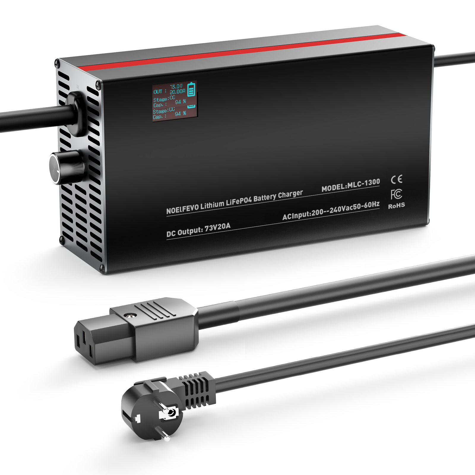 Caricabatterie NOEIFEVO 73V 2-20A Lithium-LiFePO4 per batteria LiFePO4 60V 64V 20S, con display LCD, corrente regolabile, caricabatterie per motore da traino, barca e camper.