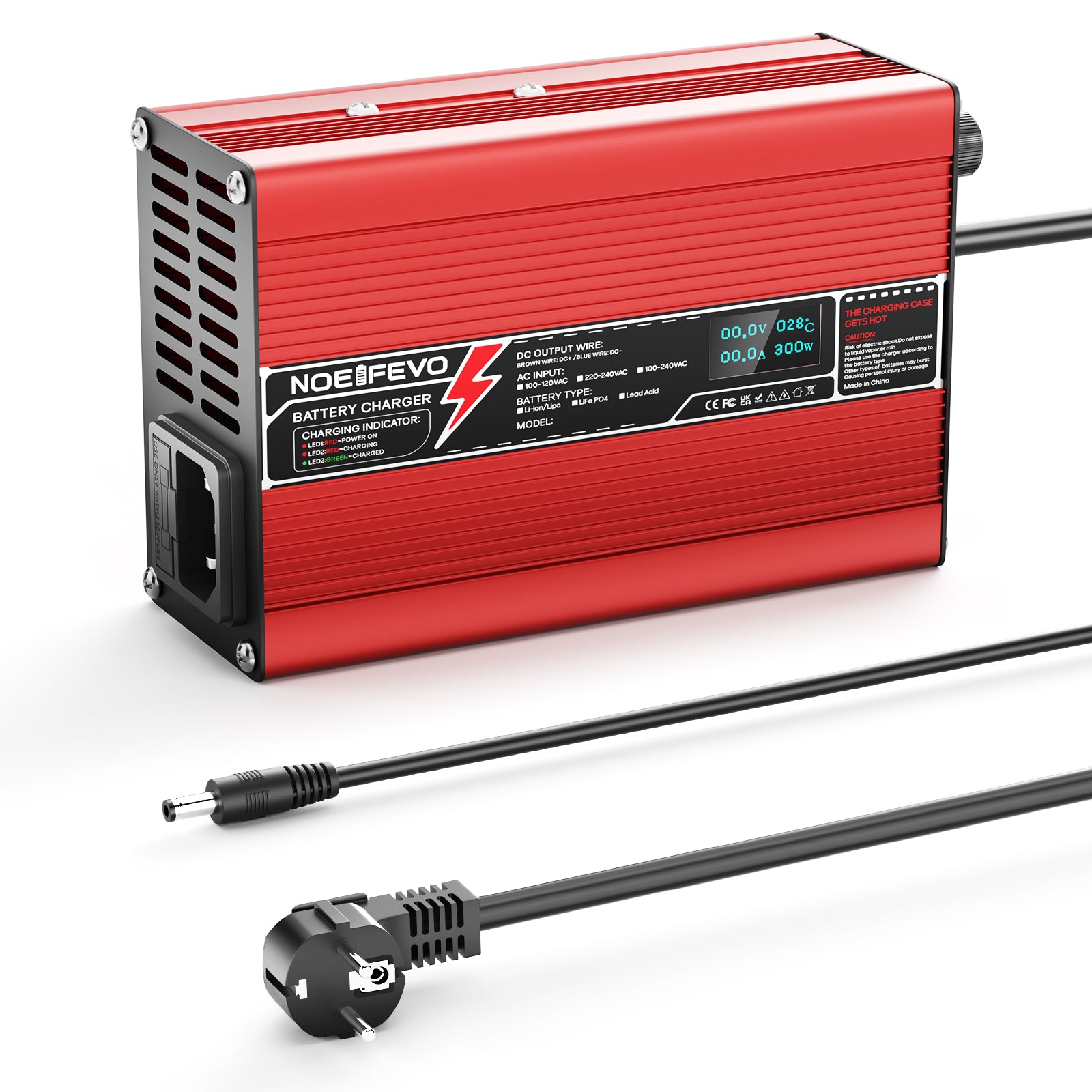 NOEIFEVO 42V 2A 3A 3.5A 4A Carregador de Bateria de Lítio para Baterias 10S 37V Li-Ion Lipo, Ventilador de Resfriamento, Desligamento Automático (Vermelho)