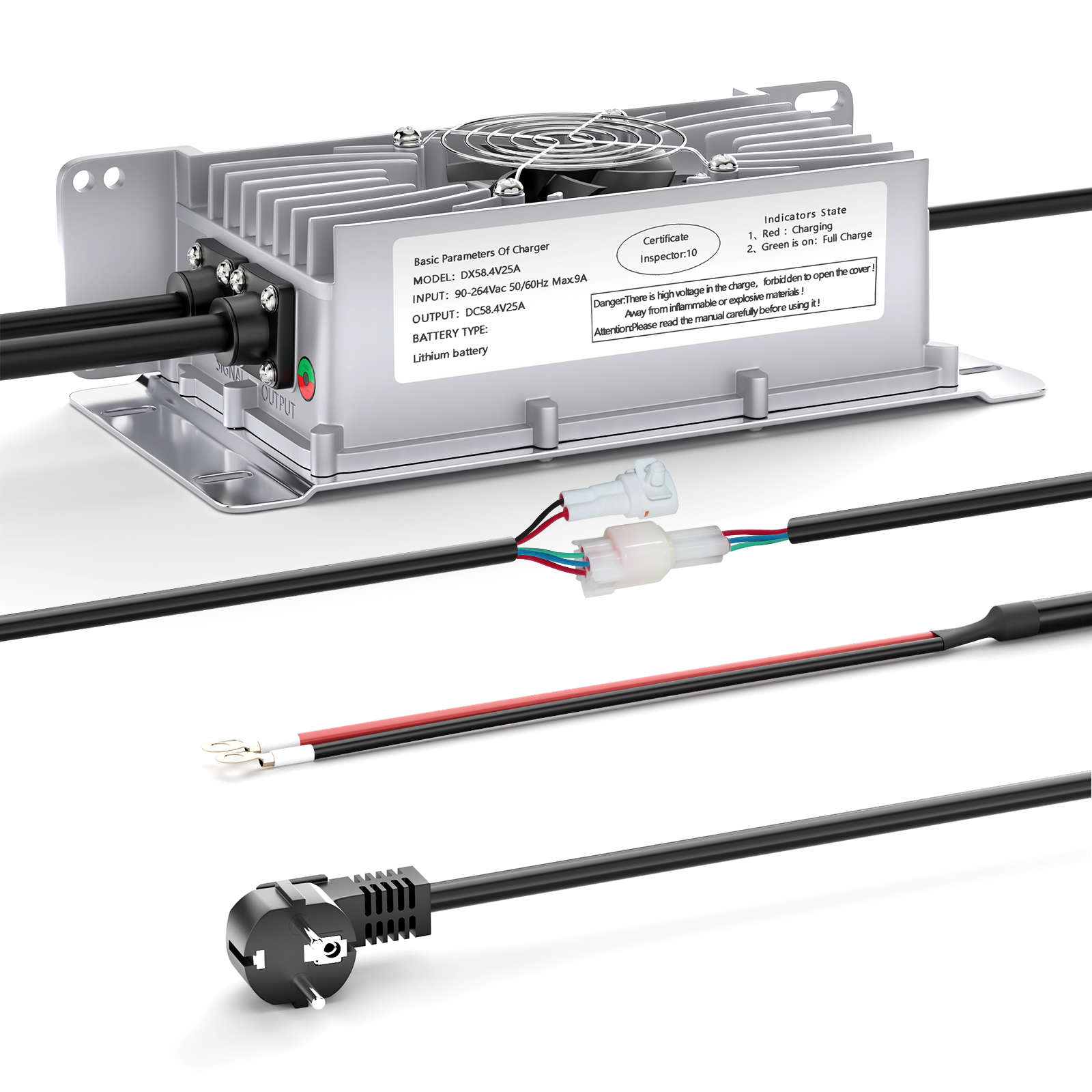 NOEIFEVO 48V 25A Lithium-Lifepo4 Batterijlader, 58,4V Oplaadspanning voor 48V (51,2V) 16S Batterij, Waterdicht, 0V BMS Activatie, met Vergrendelingskabel voor Elektrische Voertuigen, E-bikes en Golfkarren.