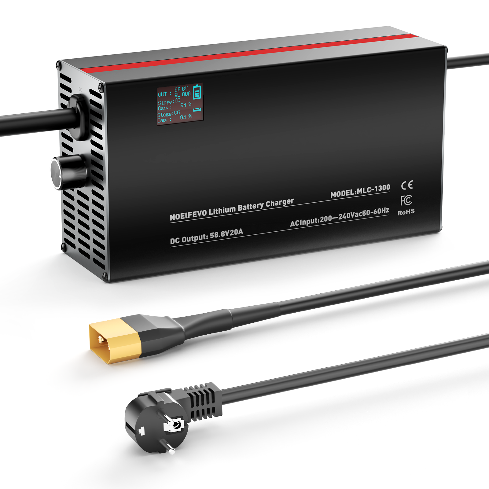 NOEIFEVO 58,8V 2-20A Caricabatterie per batterie al litio 51,8V 52V 14S Li-Ion Li-Po, con display LCD, corrente regolabile, caricabatterie per e-bike, scooter, moto elettrica